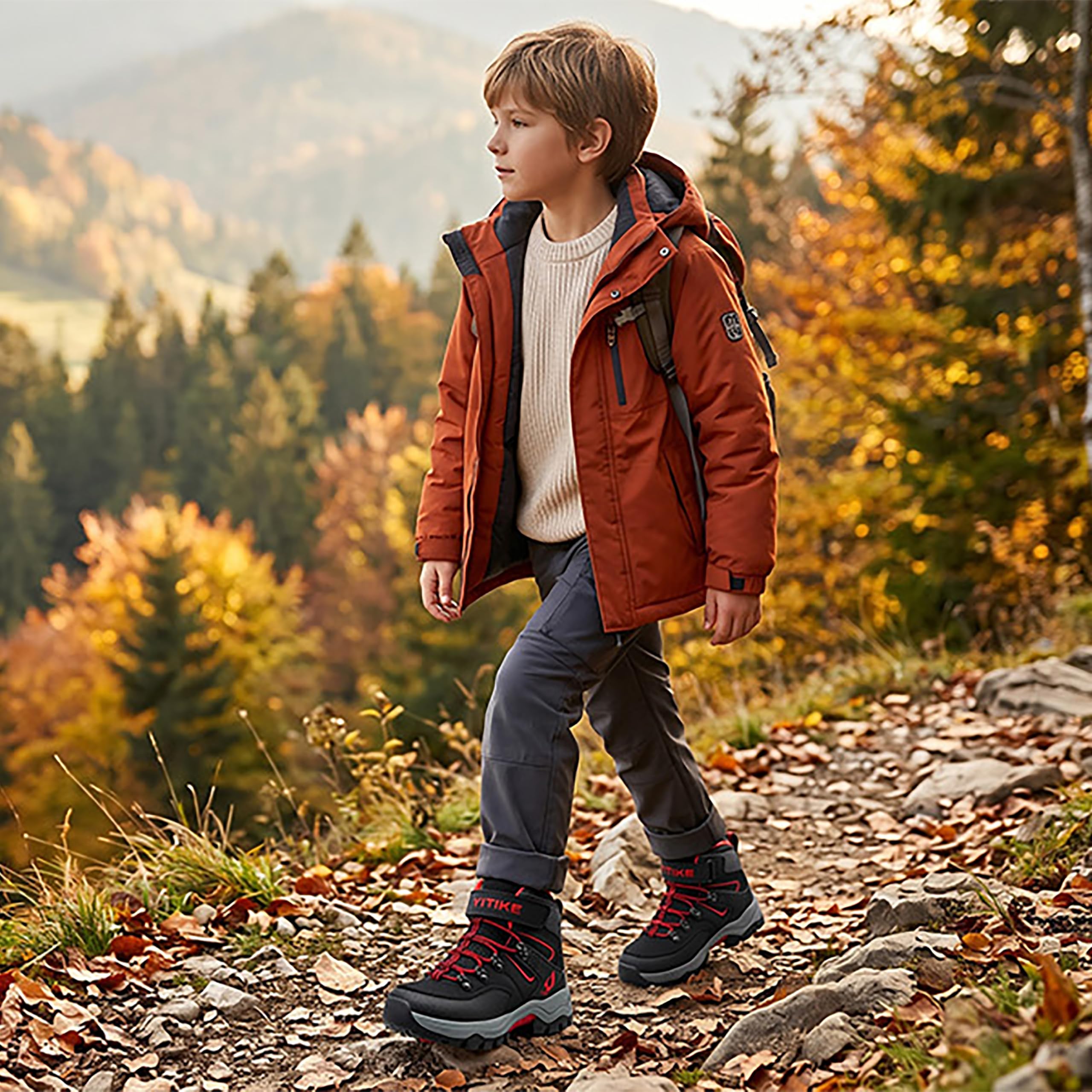 ASHION Botas de senderismo para Niños Botas de Montaña Botas de nieve Zapatos de Senderismo,H Negro Rojo 33 EU