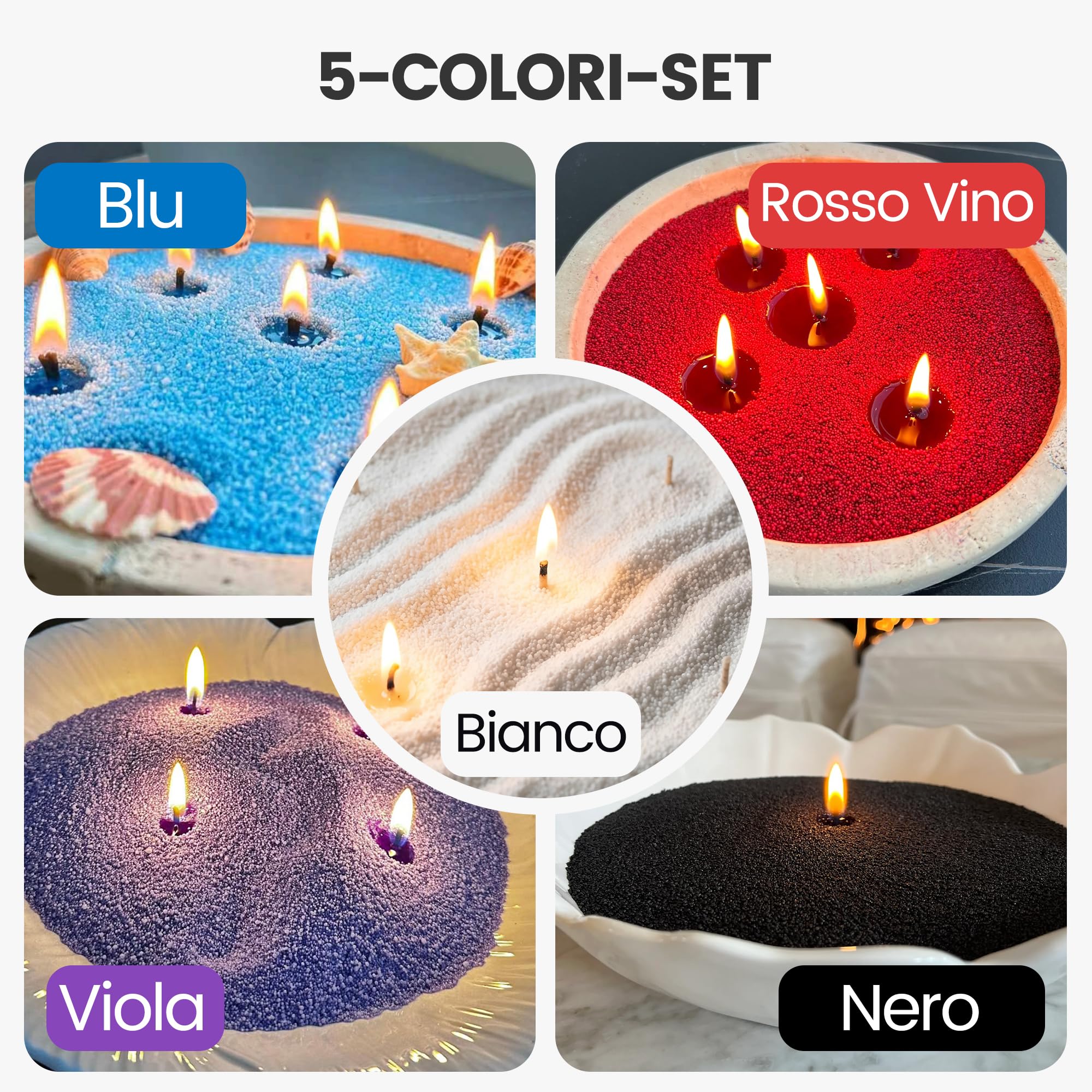 1800g Kerzensand mit Dochten & Schalen, DIY-Sandwachskerzen-Set in 5 Farben