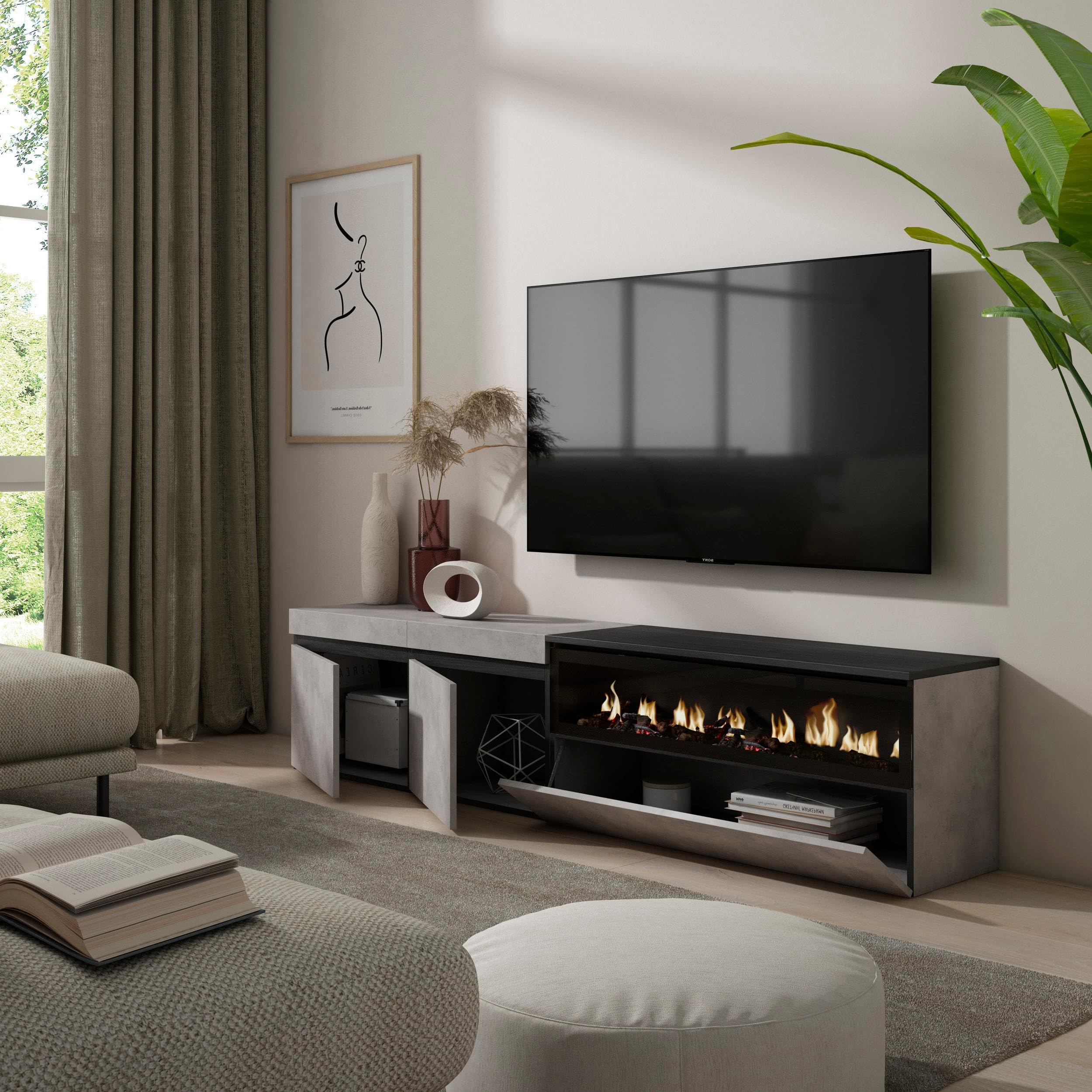 Skraut Home | Mobile TV Soggiorno | Ampio spazio a disposizione | 200x45x35cm | Per TV fino a 80" | Camino elettrico | Stile moderno | Cemento
