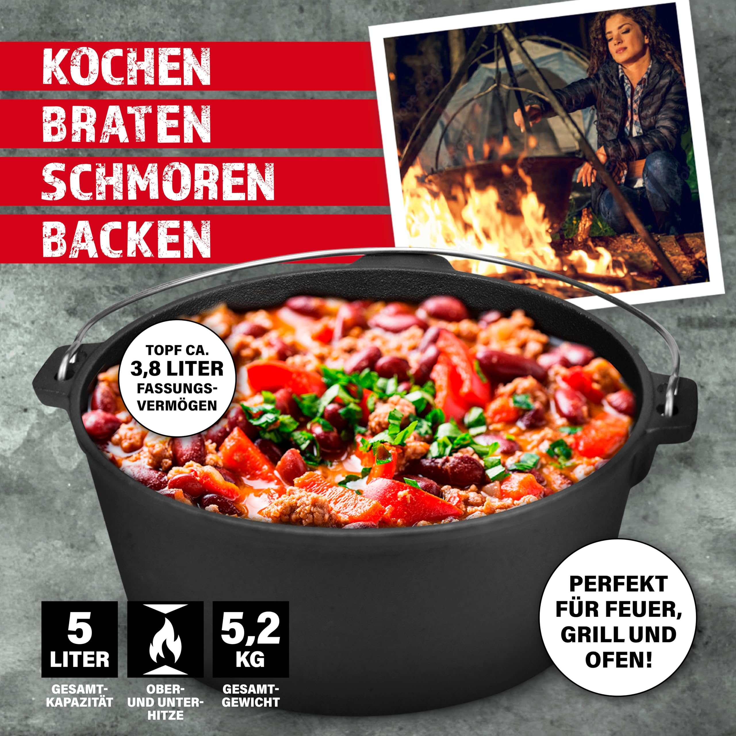 BBQ BOSS Dutch Oven [5L Capacità] Ghisa – Pentola – Cast Iron – Cast Iron – Casseruola – Bollitore per gulasch – Con coperchio