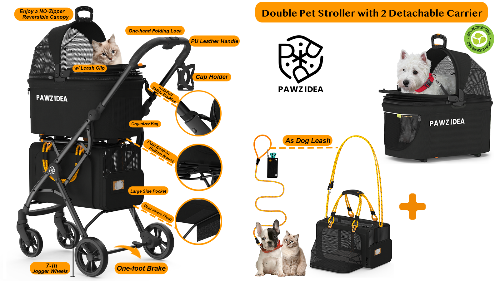 Amazon.com: PAWZIDEA Double Pet Stroller with 2 Detachable