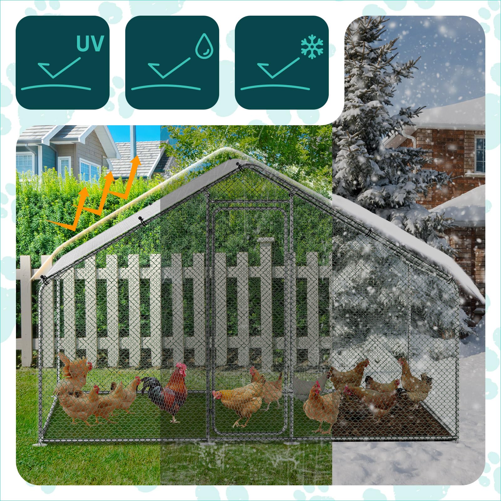VOUNOT® Gallinero Exterior Metálico 6 m², Jaula para Gallinas Conejos y Animales Pequeños con Puerta con Cerradura y Cubierta PE, 300x200x200 cm