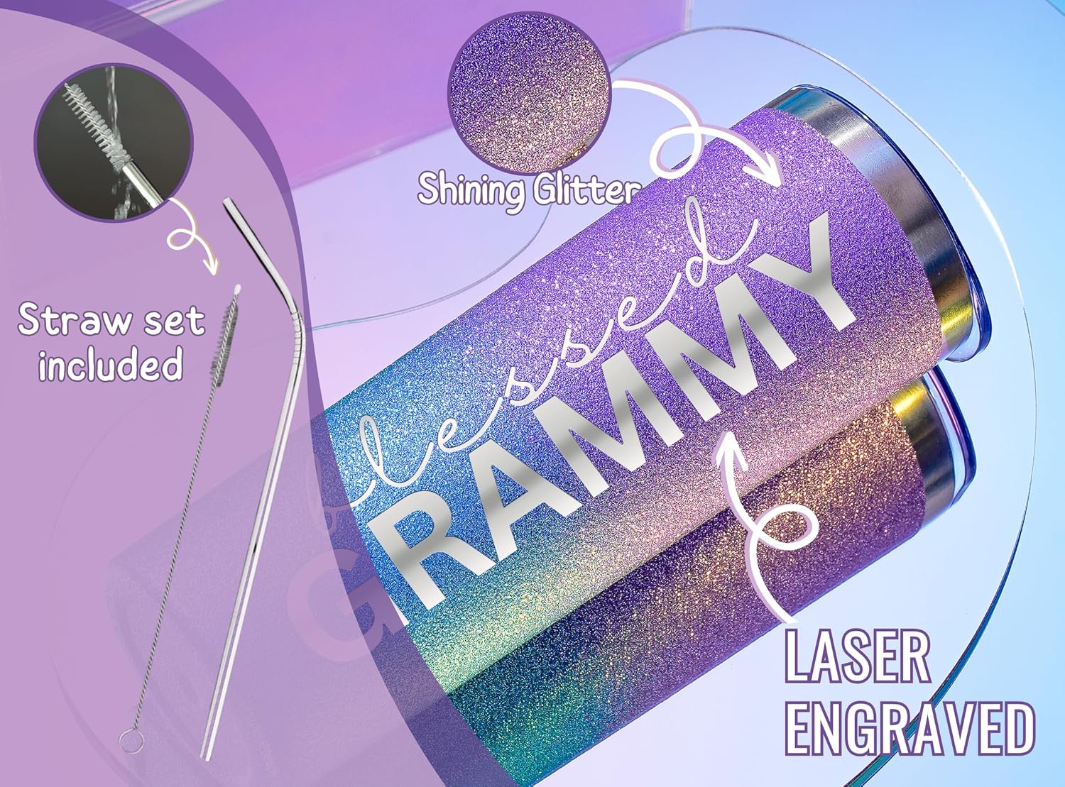 Onebttl Grammy Gifts for Grandma's Mother's Day, 20oz Purple & Blue Glitter Skinny Tumbler, Straw & Lid Included, Christian Gifts for Blessed Grammy - Image 5