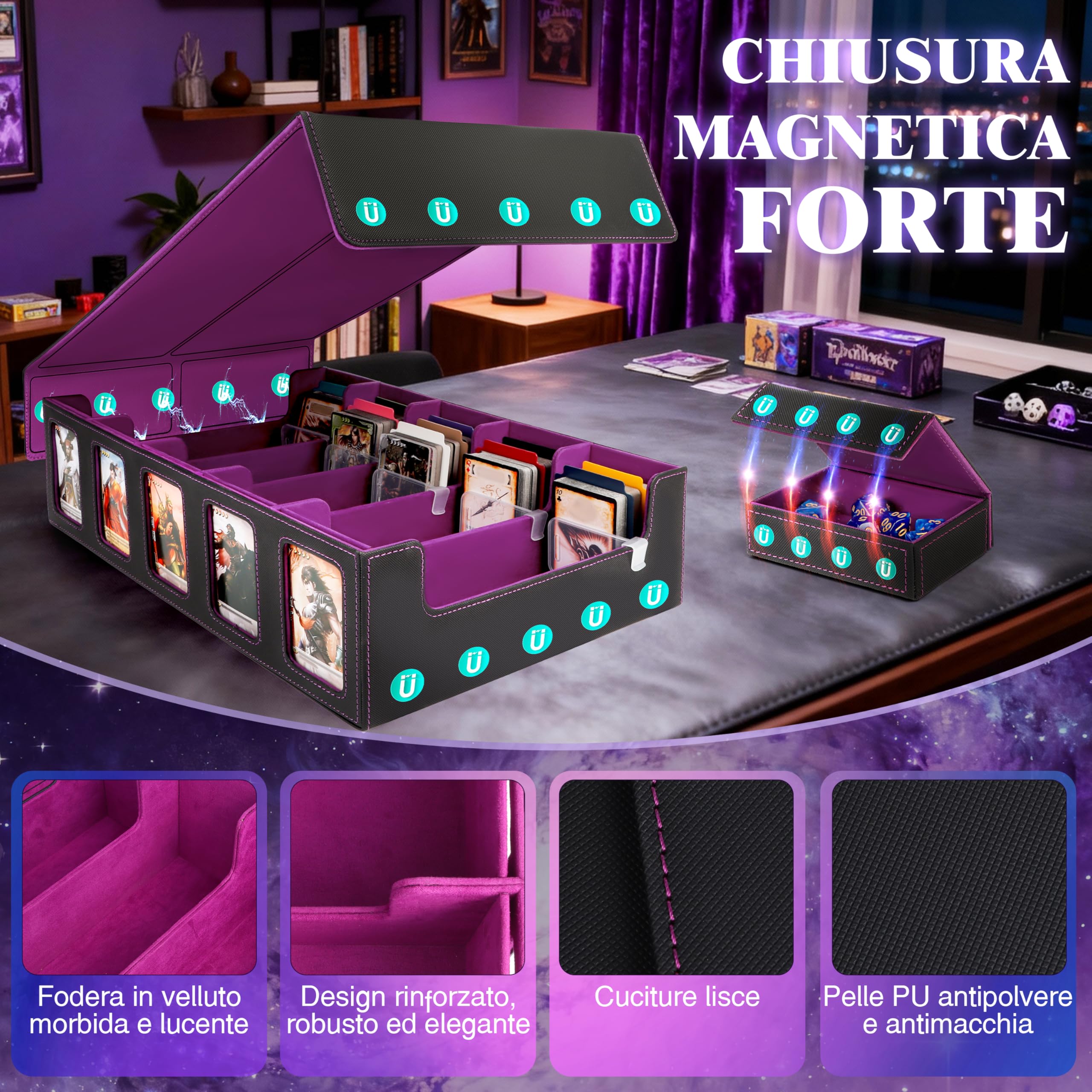 Charmofun Deck Box per Carte, Magnetic Scatola di Carte da Collezione per Oltre 2800+, Porta Deck con Pelle PU e Chiusura Magnetica, 10 Divisori per Carte, 4 Clip Divisorie (Viola, 3000+)