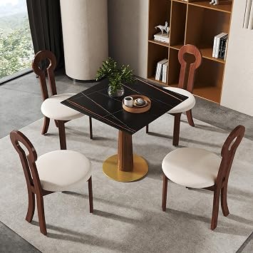 Office Reception Table and Chairs Set for 4, Black Square Conference Table with Backrest Chair, 5-Piece Space Saving Negotiation Tables Chair for Kitchen, Office, Cafe