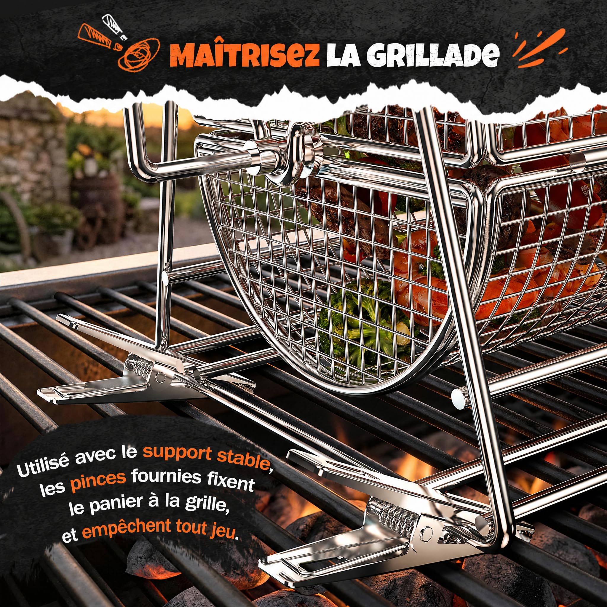 2-en-1 Panier à Barbecue Roulant Rotatif, Inoxydable 304 avec Poignées Détachables Doubles Manivelle et Droite, Accessoires BBQ pour Légumes Crevettes, Cadeau Idée Homme Papa Mari Anniversaire