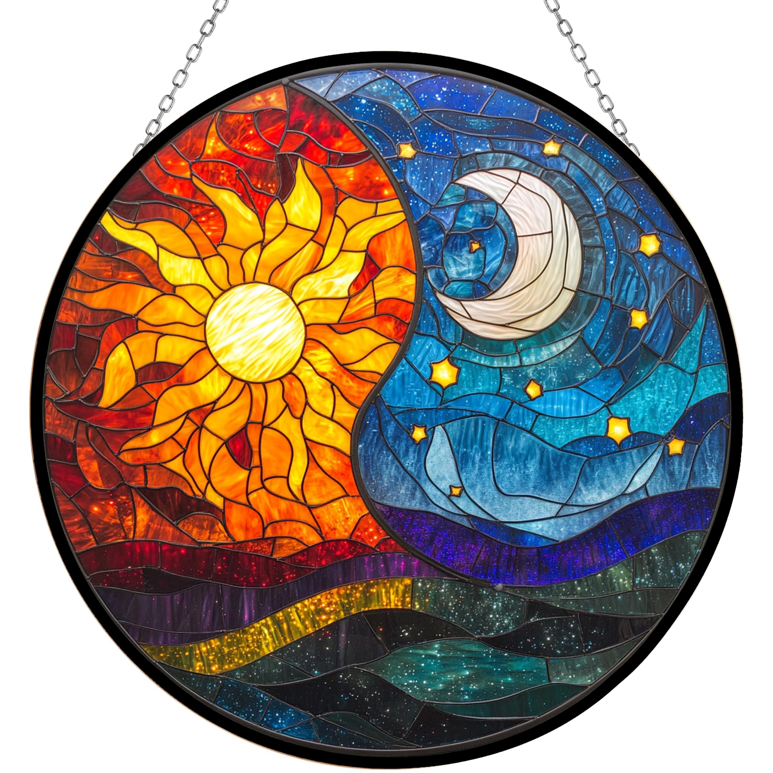 365CUSGIFTS Personalized Mosaic Galaxy Sun and Moon Stained Glass Window Hanging Sun Catcher Halloween Haning Ornament Decoration Christmas Birthday