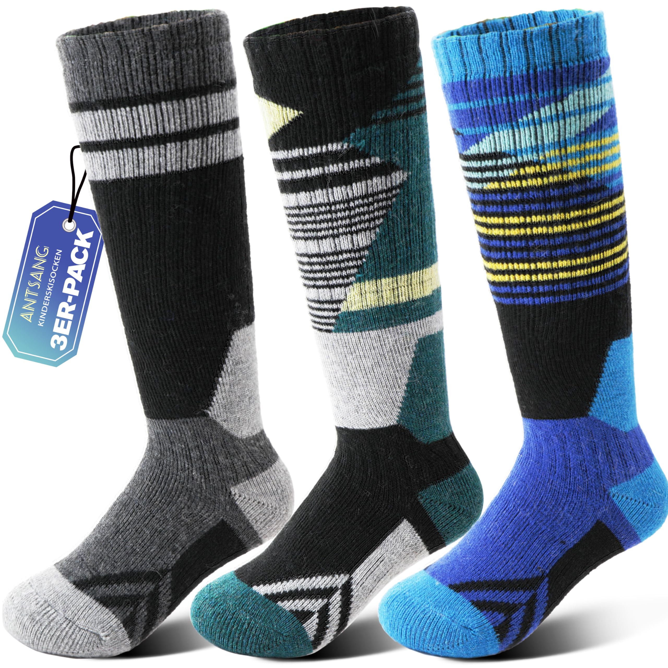 ANTSANG 3 Paar Kinder Merino Woll Skisocken für Jungen und Mädchen Thermische warme dicke Wintersocken mit Polsterung für Snowboarden und Skifahren