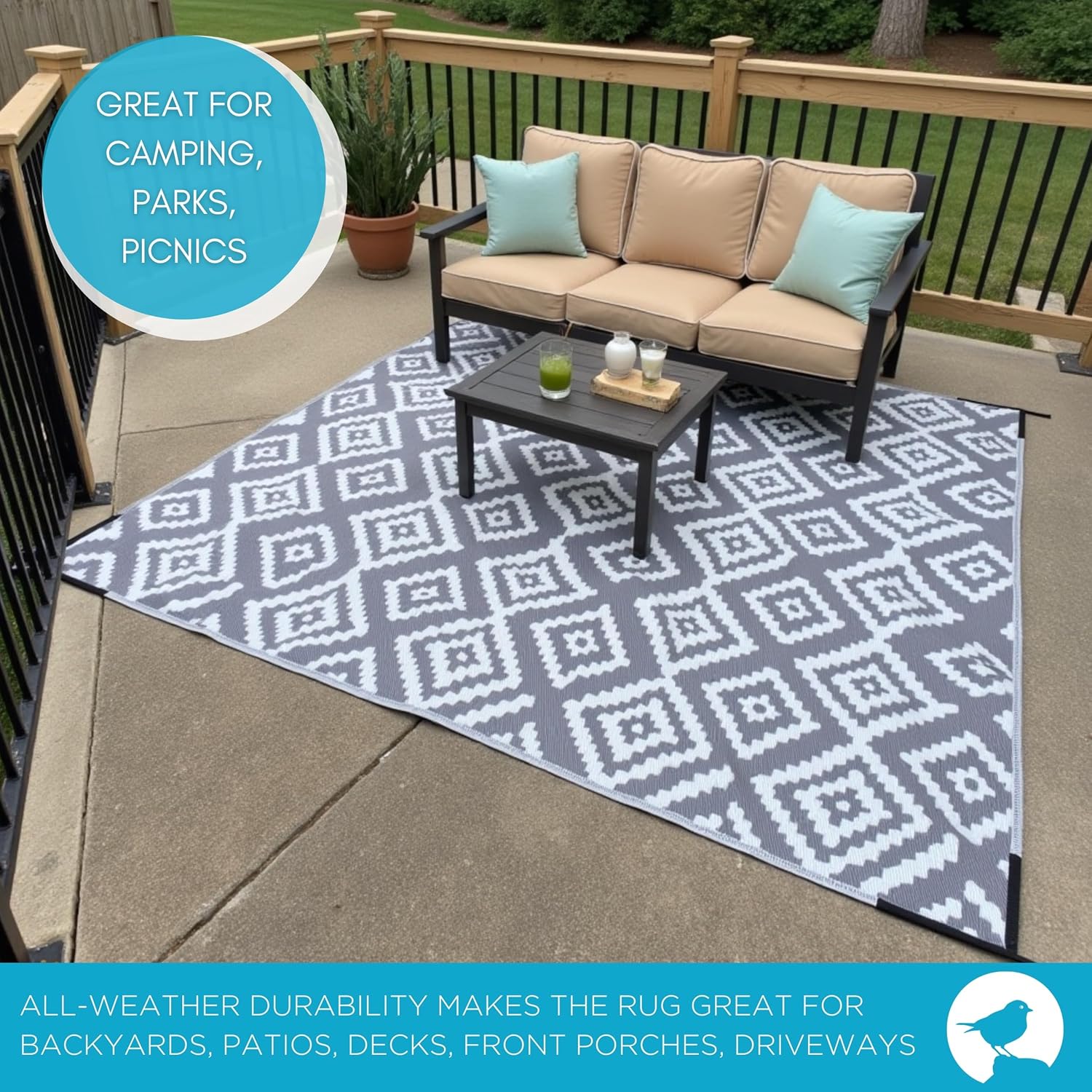 BIRDROCK HOME 8x10 Outdoor Rug for Patios | Waterproof Plastic Straw Rug | Geometric Reversible Design, Lightweight & Durable UV Resistant | Ideal for Porches, Camping, RV Sites - White & Grey