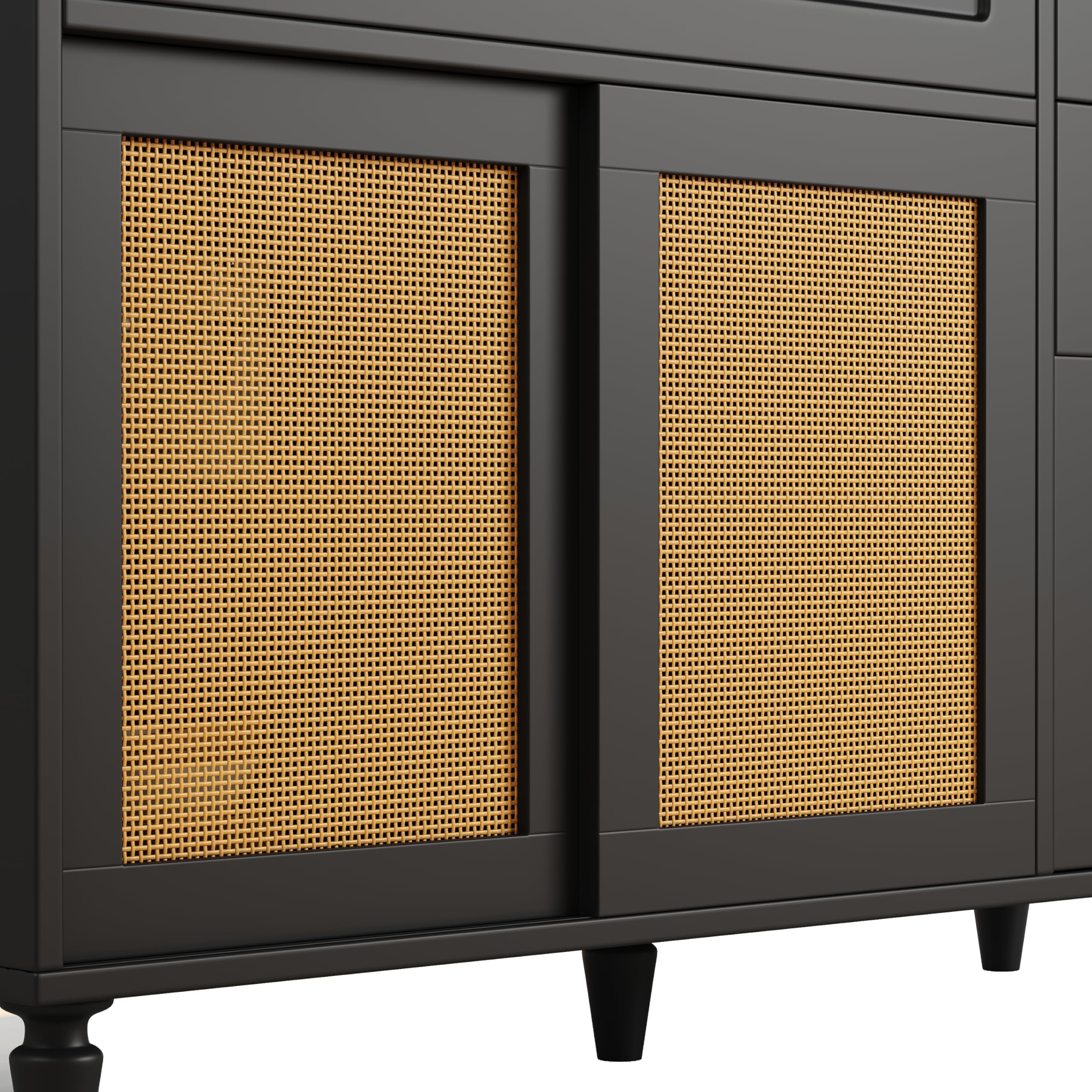 Küchenschrank, Hochschrank,Vitrinenschrank, Buffetschrank mit Verstellbaren Ablagen, Esszimmerschrank mit 3 Schubladen,Sideboard mit LED-Beleuchtung, PE-Rattan, schwarz
