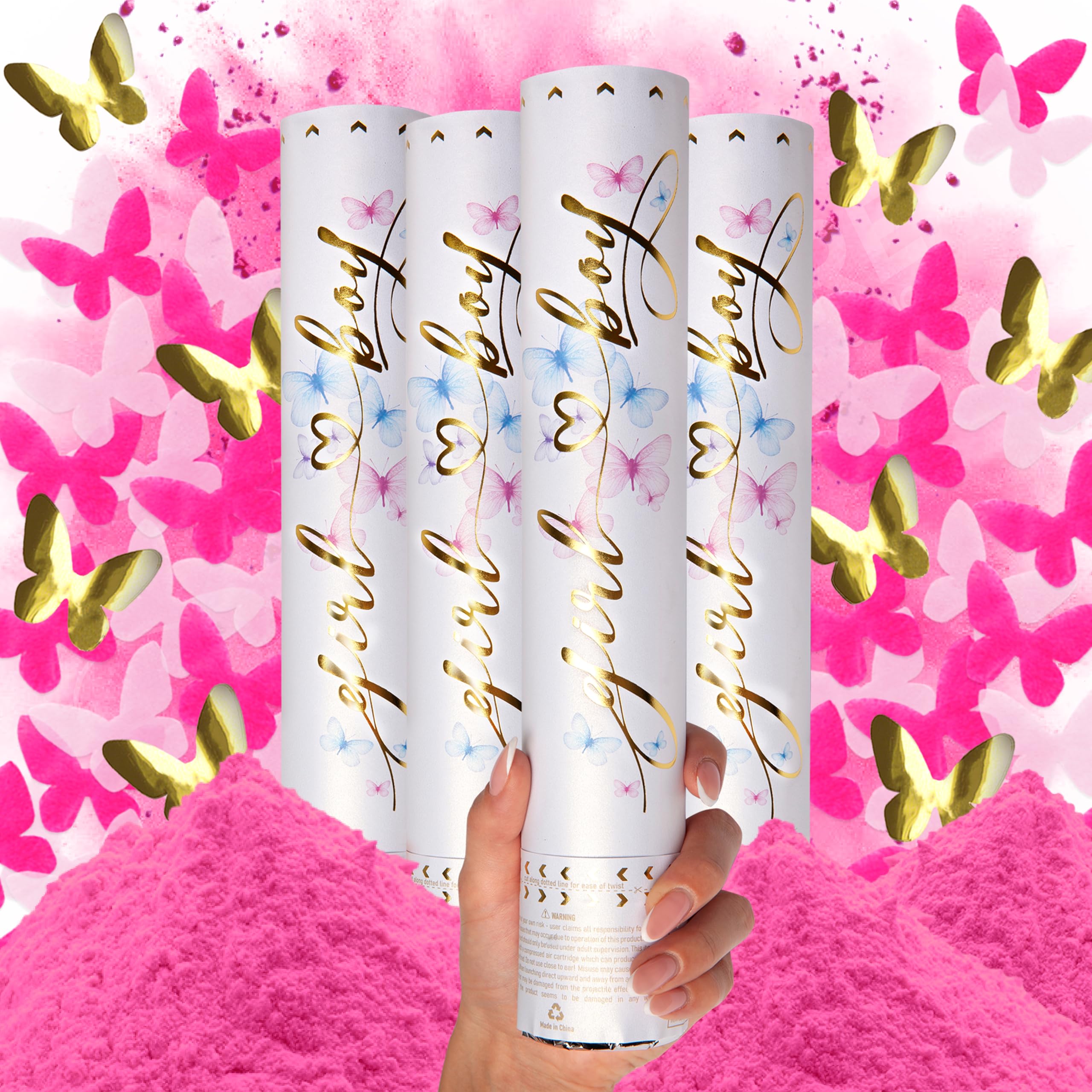 PrimePure Gender Reveal Confetti Cannon - Biodegradable Powder & Butterfly Confetti Popper - Pink, 4 Pack - Baby Girl Gender Reveal Smoke Bombs - Powder Cannon Party Poppers Pink Party Supplies