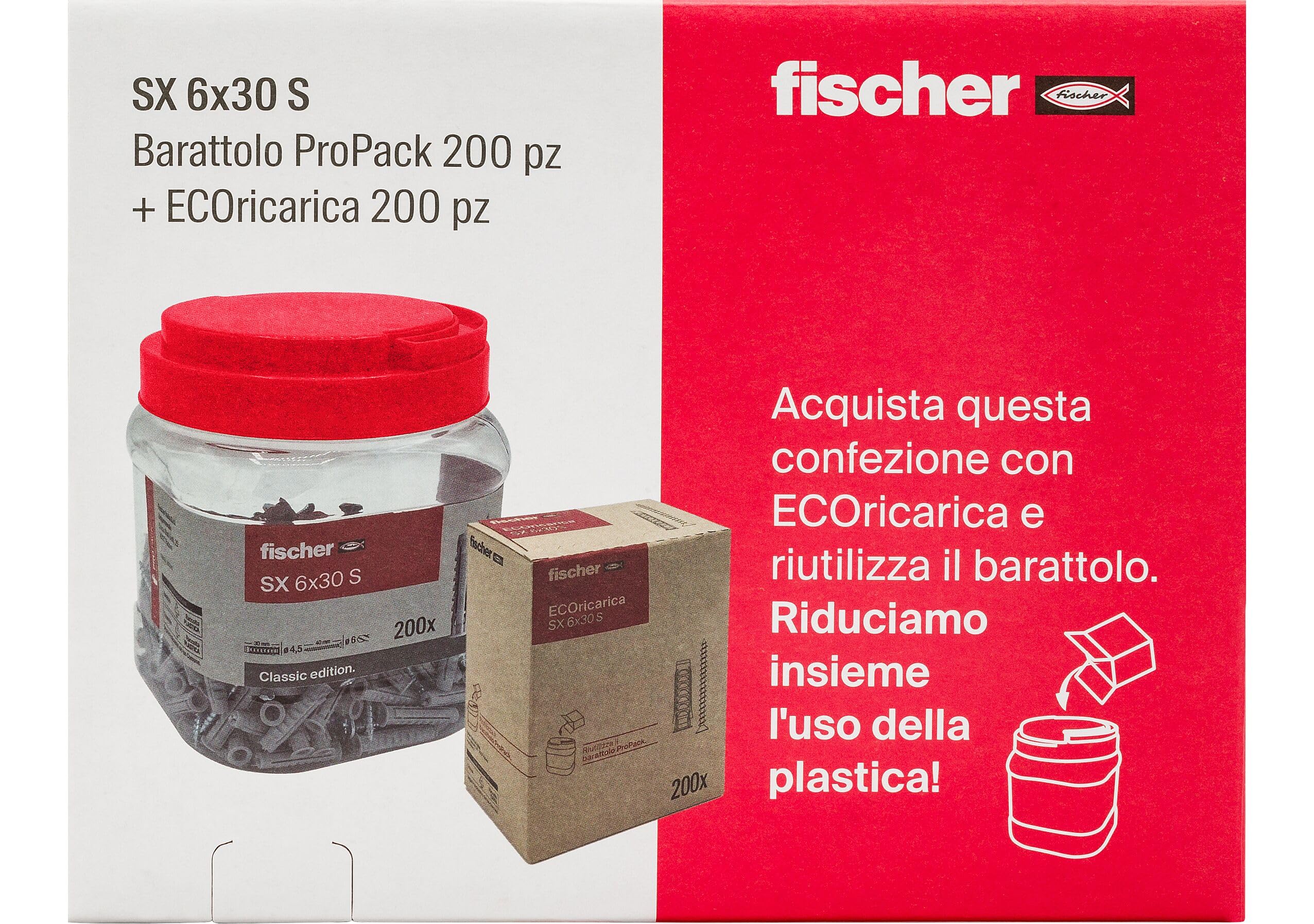 Fischer 400 tacos SX 6 x 30 con tornillo, pack con bote + ECORECARGA