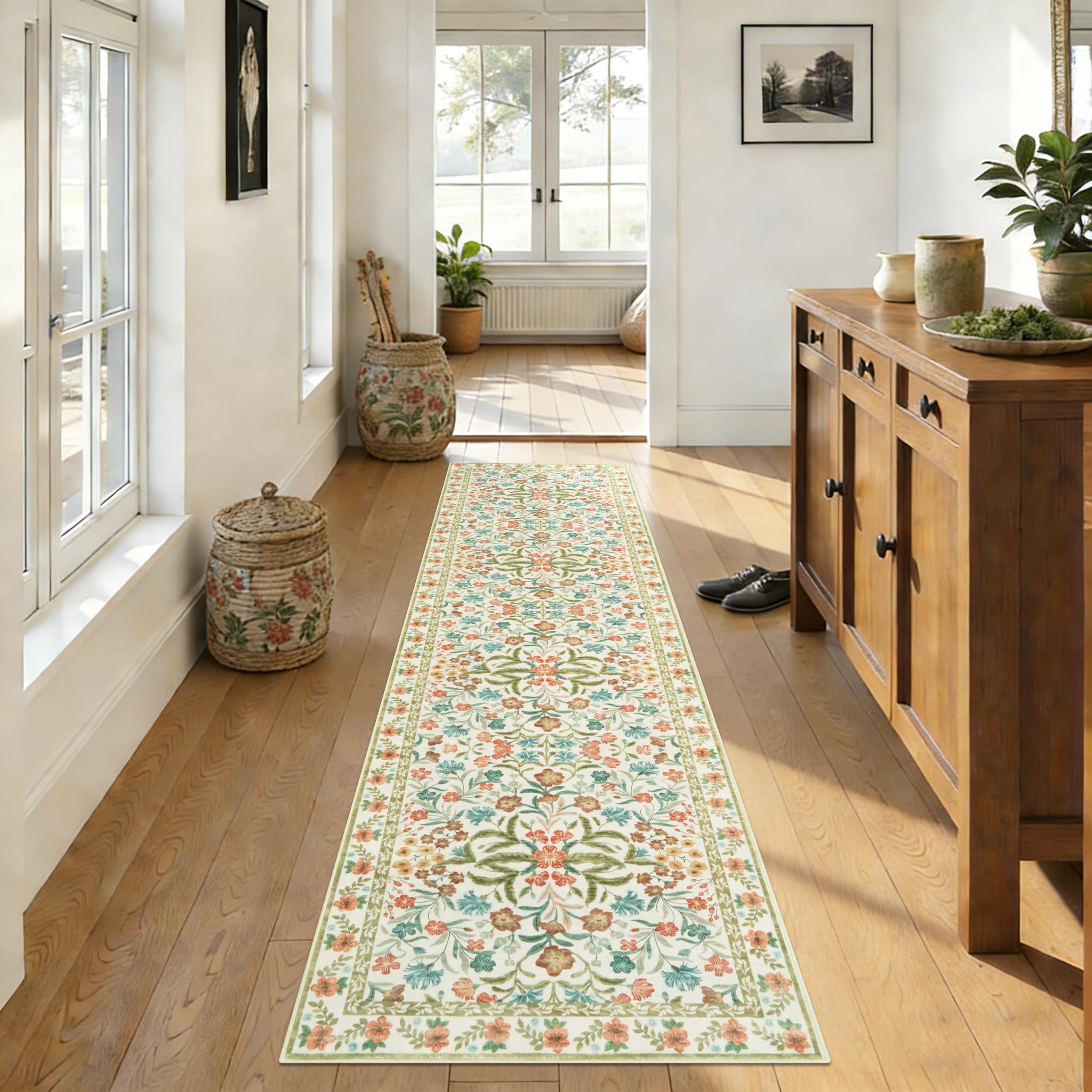 Edlbaegy Carpet Runners for Hallways Washable Floral Hallway Runner Rug Orange 65x240cm Boho Non-slip Kitchen Runner Floor Mat Low Pile Floor Carpet for Entrance Laundry Bedroom
