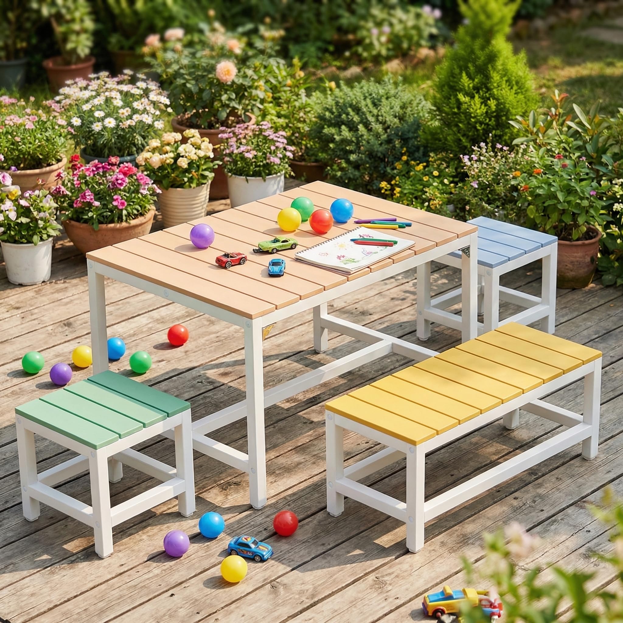 MAMIZO Kindertisch Pappelholz Massivholz, Kinder Tisch Stuhl Set Garten mit wasserdichte Abdeckung, Basteltisch Innenbereich mit 3 PCS Hocker, Kinder-Sitzgarnitur Picknick-Gruppe ab 3 Jahre, Bunt