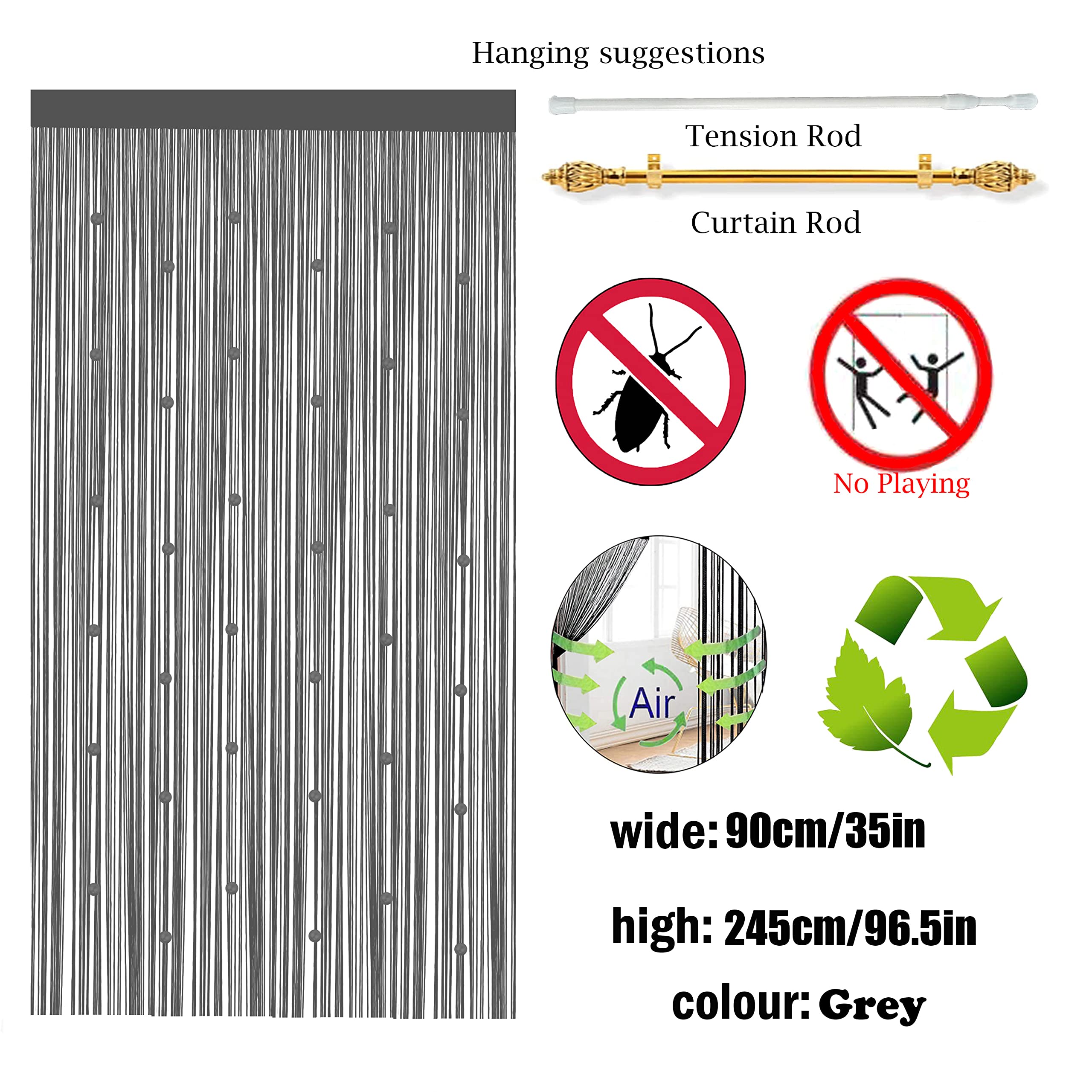 Tenda Perlata Porta Esterna Antimosche - Tenda Fili Finestre Divisorio Stanze Decorazioni Grigio 90x245 cm