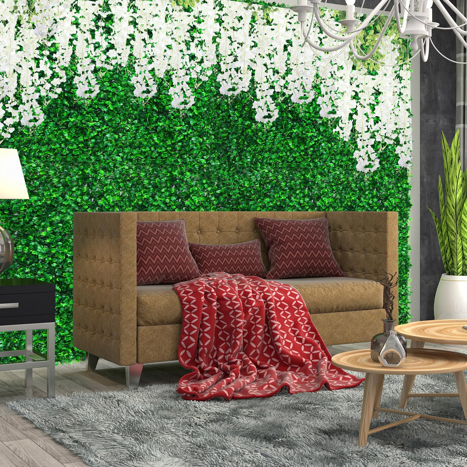 18 Stück 40,6 x 61 cm Graswandpaneele künstliche Hecke Buchsbaumplatten mit 36 Stück 100 cm weißen Glyzinien hängende Blumengirlande für drinnen und draußen, Grünhintergrund, Zaun,
