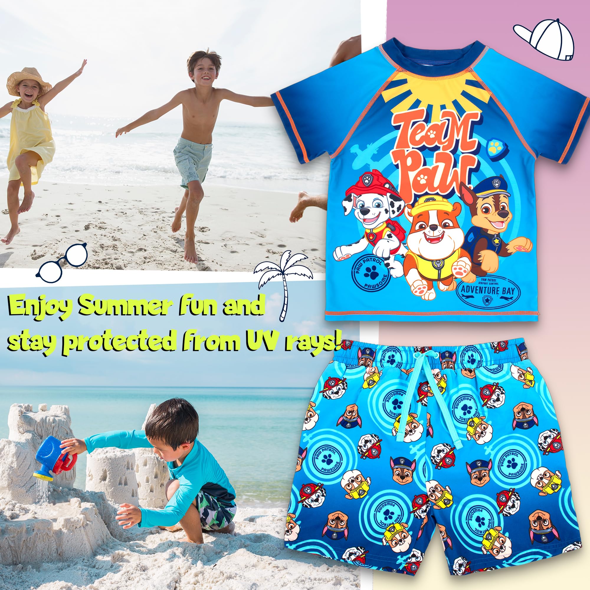 Paw Patrol Ensemble de Bain 2 pièces pour garçons avec Short et t-Shirt de Protection UV pour garçons de 2 à 6 Ans, Bleu
