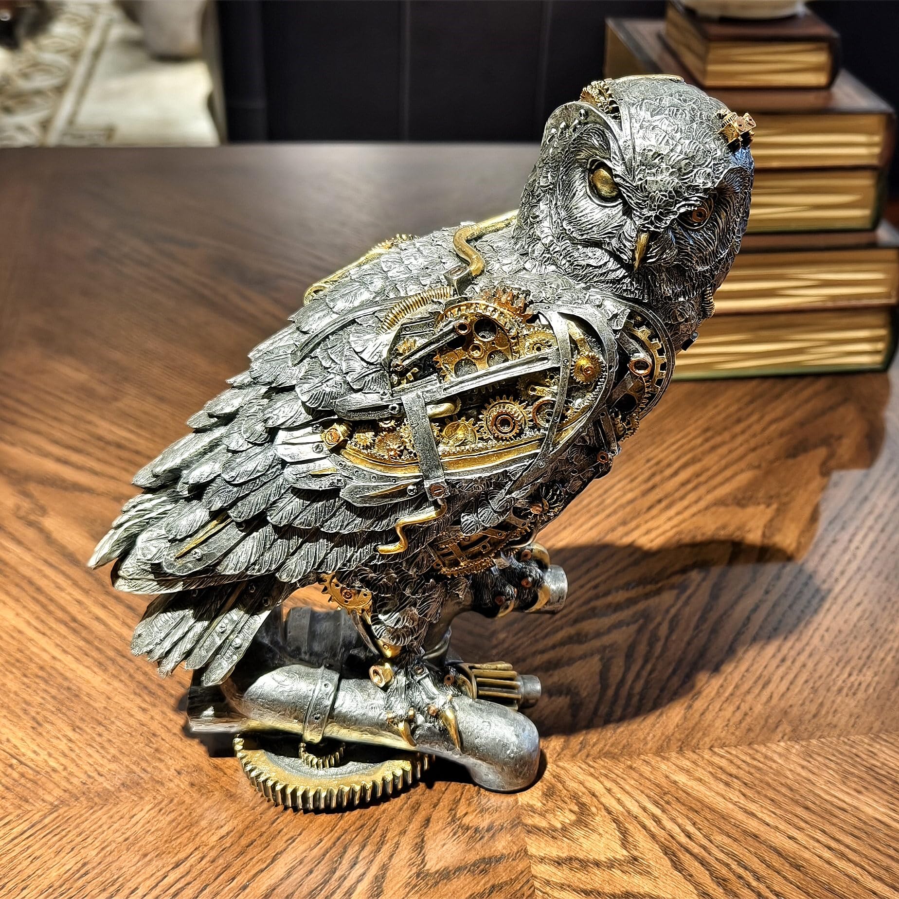 OUTOUR Steampunk Sowa Statua 39 cm H Metaliczny Srebrny Złoty Gotycki Kolekcjonerska Figurka Zwierząt Mądrość Prezent Sowa Rzeźba Dom Biuro Wystrój Salon Blat Wyświetlacz