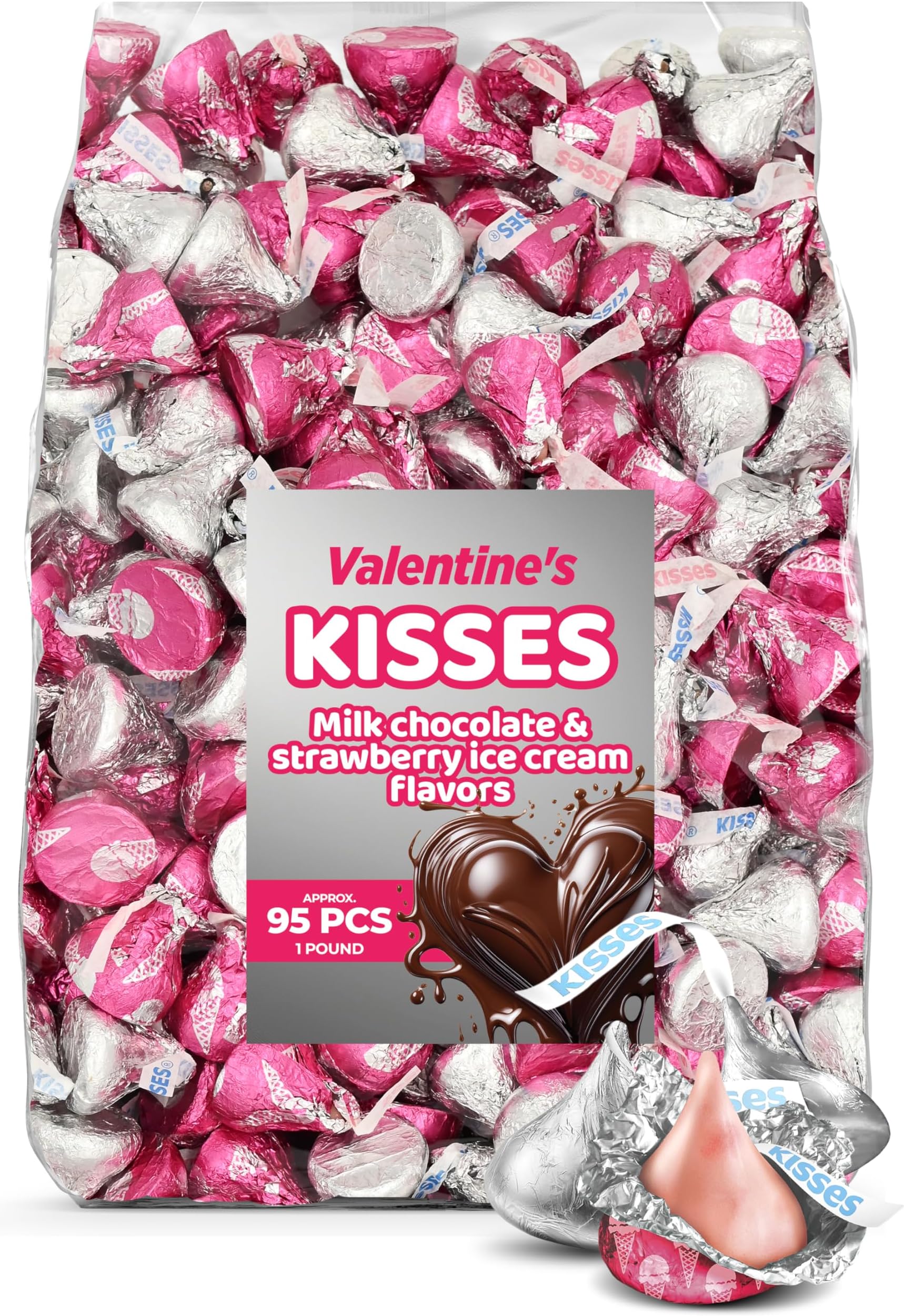 Milk Chocolate & Strawberry Ice Cream Mix – 1 lb Bag (Approx. 95 Pieces) in Silver & Pink Foils – Perfect Valentine's Candy for Gift Bags, Candy Bowls, Party Favors, and Baking Decorations