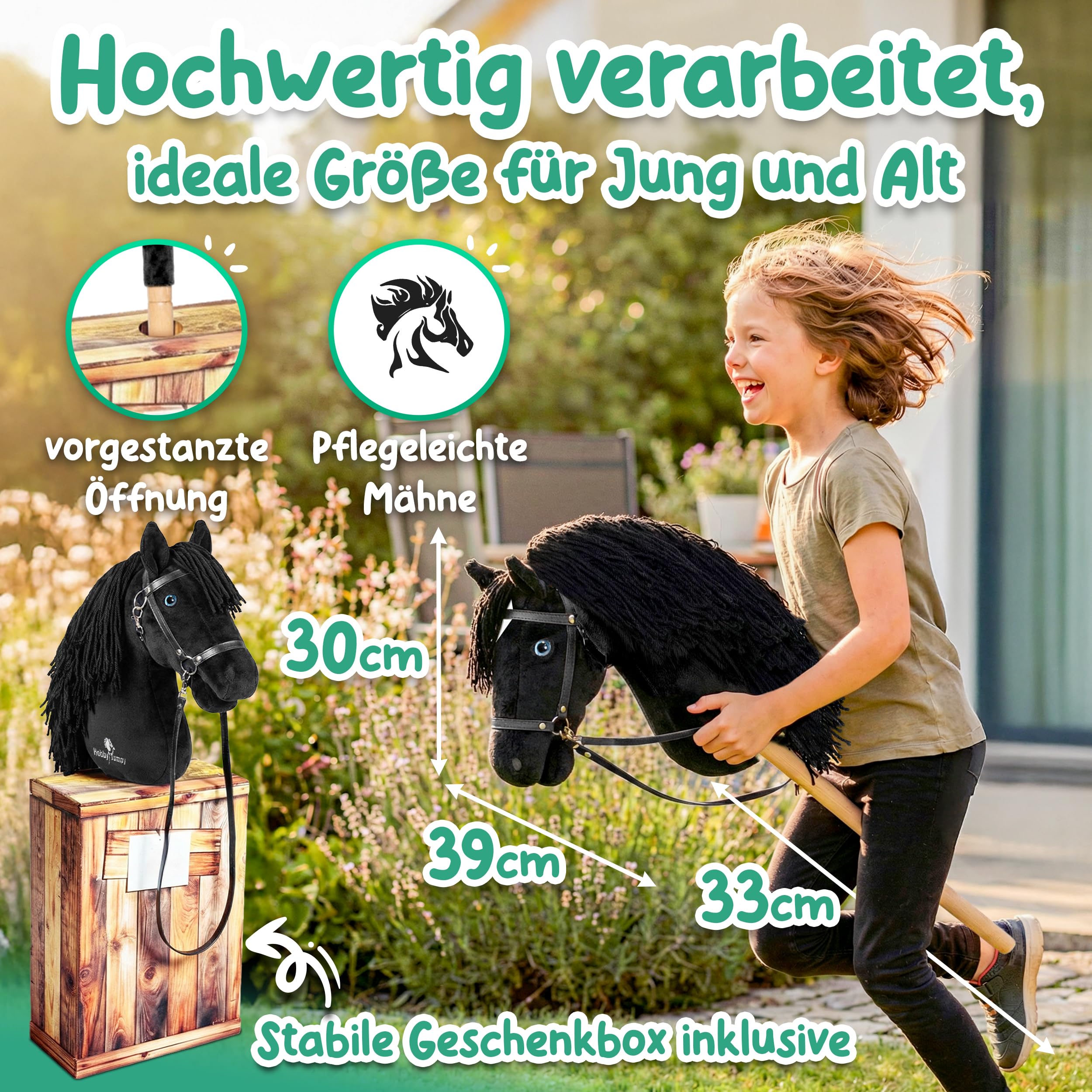 Hobby Horse A3 Steckenpferd mit realistischen Augen und Stall-Geschenkbox – Braun oder Schwarz