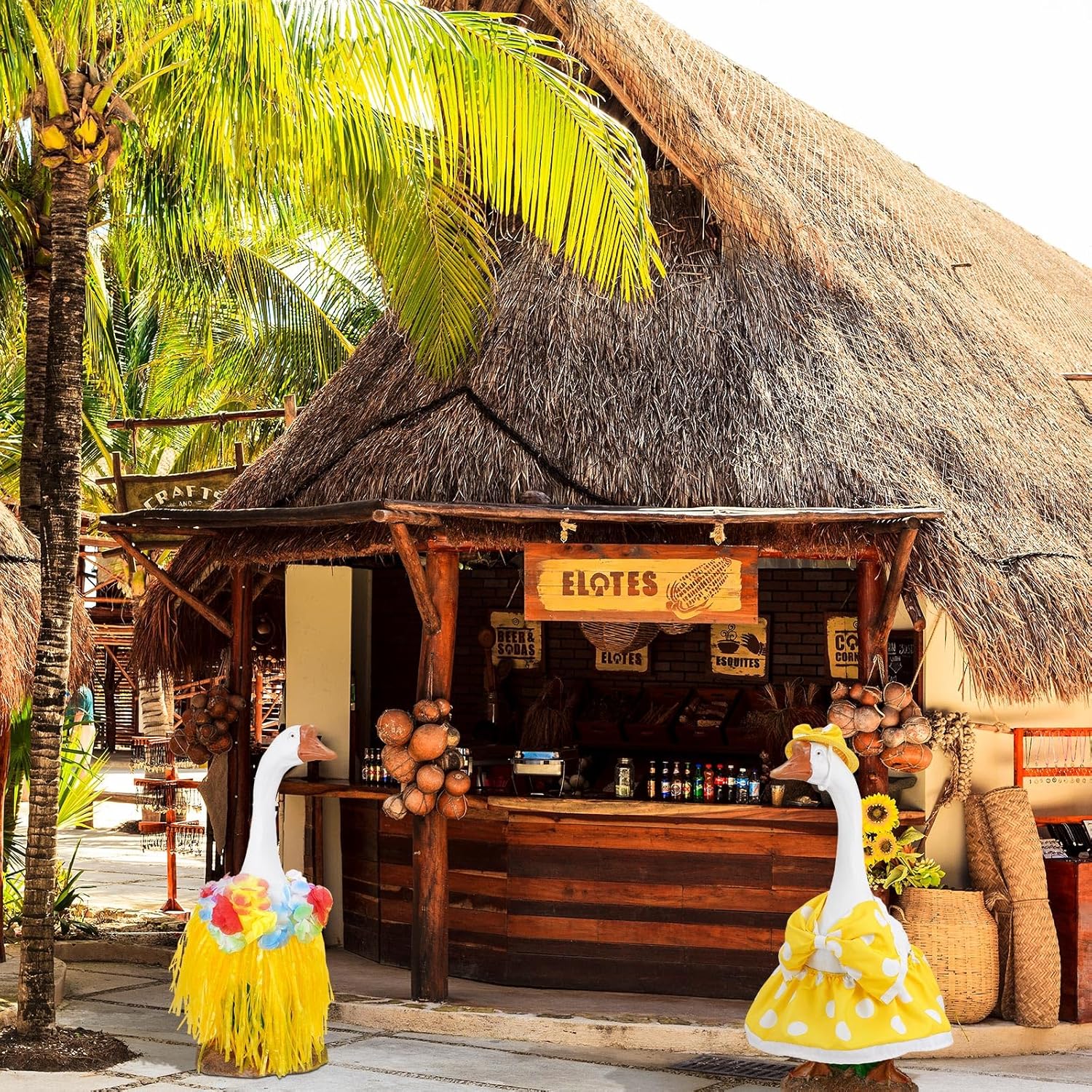 3 Sets Hawaiian Goose Outfit Lawn Porch Goose Cloths Summer Yard Goose Outfits Hawaiian Luau Goose Outfit for 23'' Goose Outdoor Patio Yard Lawn Art Decoration(Dot Bikini,Hula Skirt) - Image 5