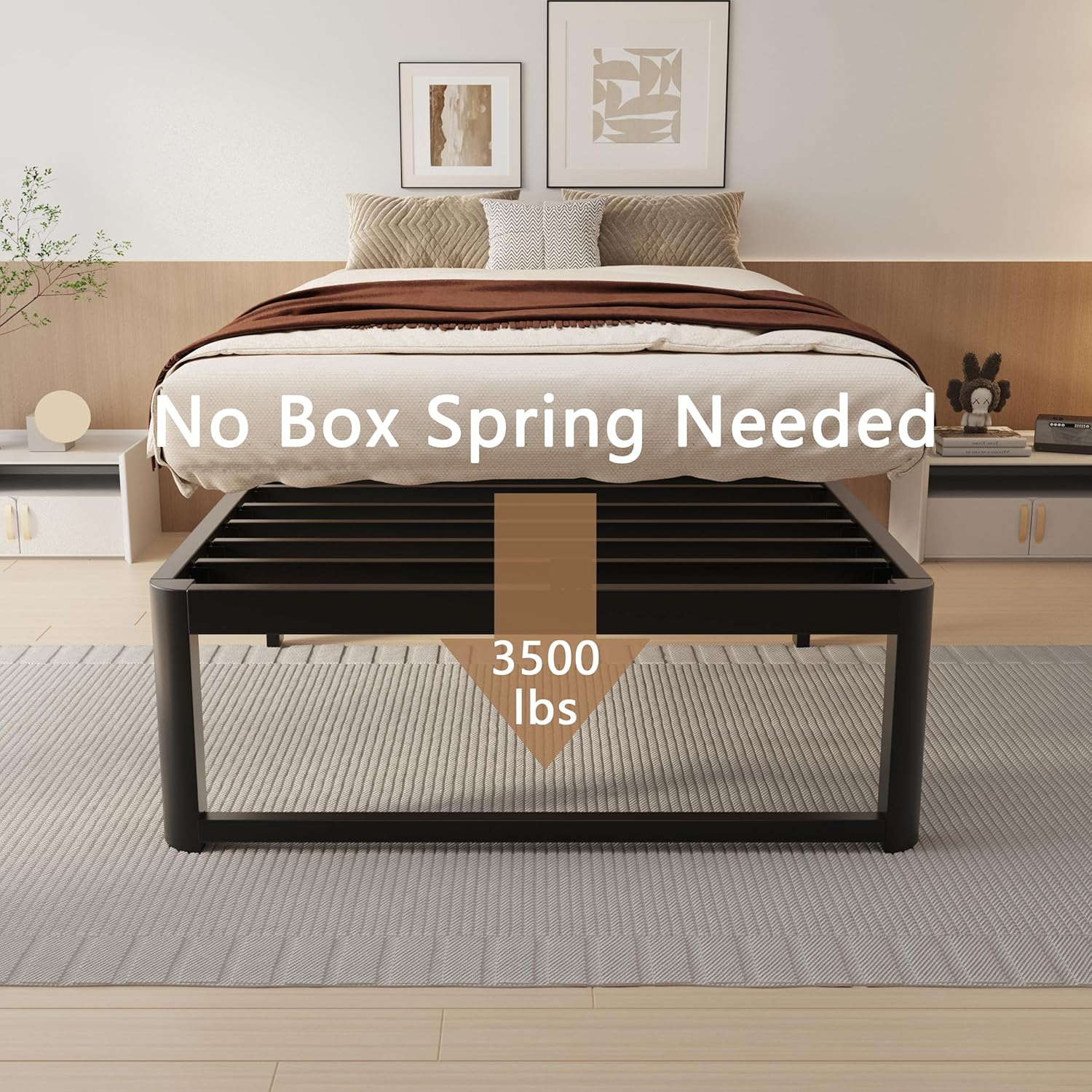 VYM 16 Inch Twin Size Bed Frames, Platform Bed with Metal Gaskets, Metal Bedframe No Box Spring Needed, DIY Headboard, Anti-Slip Mattress Stopper, Round Corner Leg, Easy Assembly, Black