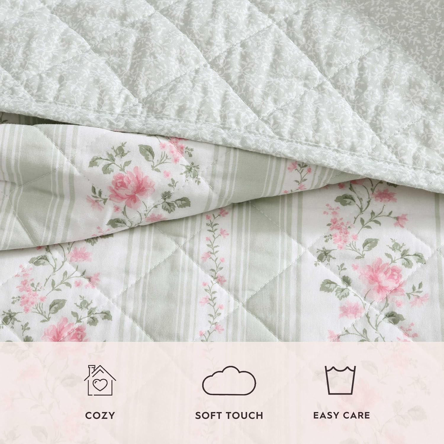 Laura Ashley - Queen Quilt Set, Soft & Reversible Cotton Percale Bedding, 3 Piece Floral Bed Set with Matching Pillowcases (Rosebud Stripe/Whitaker Vine Green)