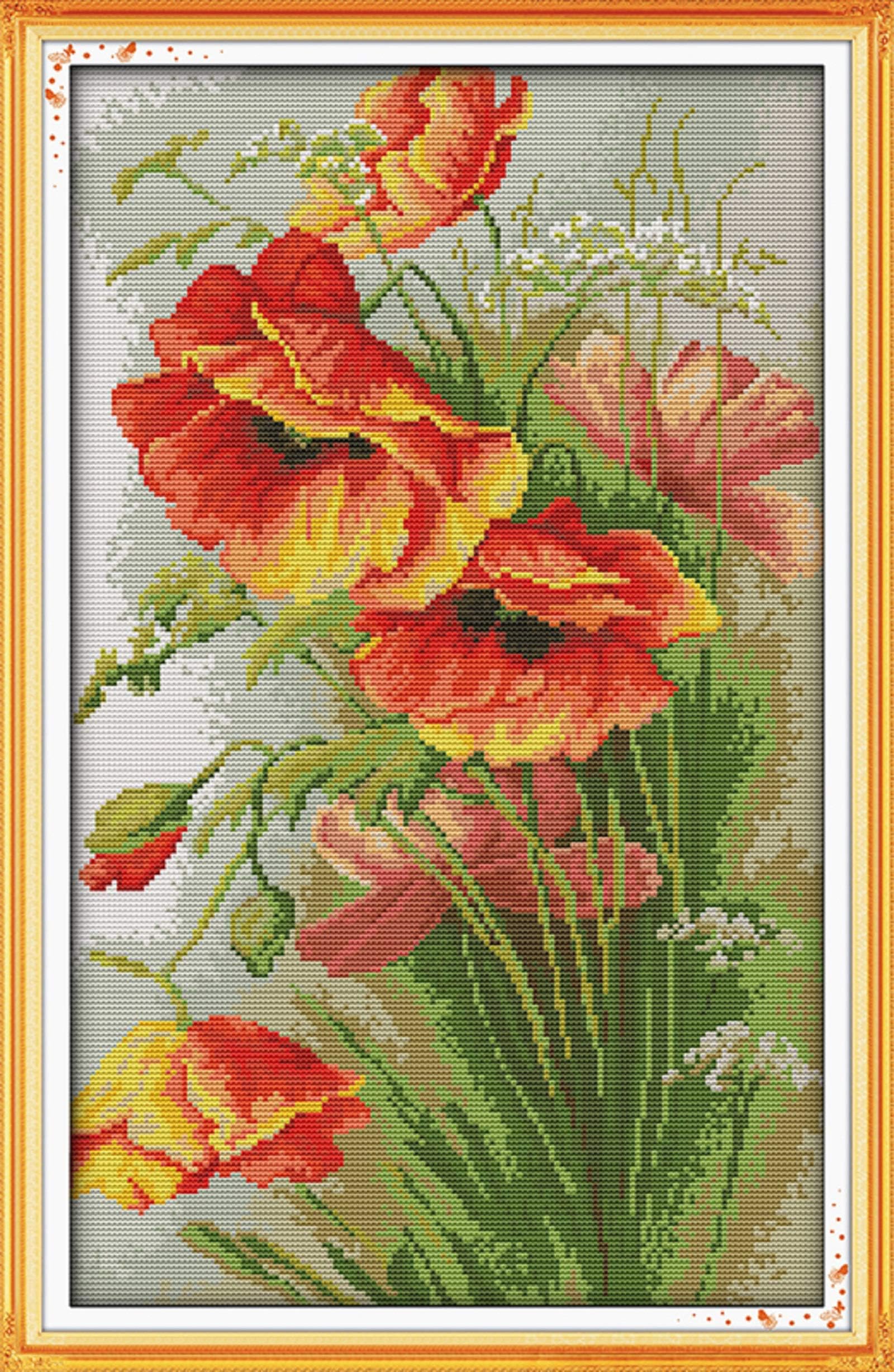 Funchey Stamped Cross Stitch Kits Beginners Full Range of Embroidery Starter Kits for Adults Printed Cross Stitching DIY kit (Poppy 13x19.7 inch)