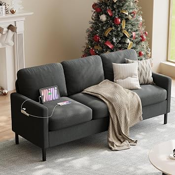 72 Grey 3-Seater Couch with USB, Comfy Living Room Sofa for Small Spaces | STHOUYN, 2 USB Charging Ports, Dual Side Pockets, Reinforced Steel Frame, Comfy Seating, Dorm, Bedroom, Apartment