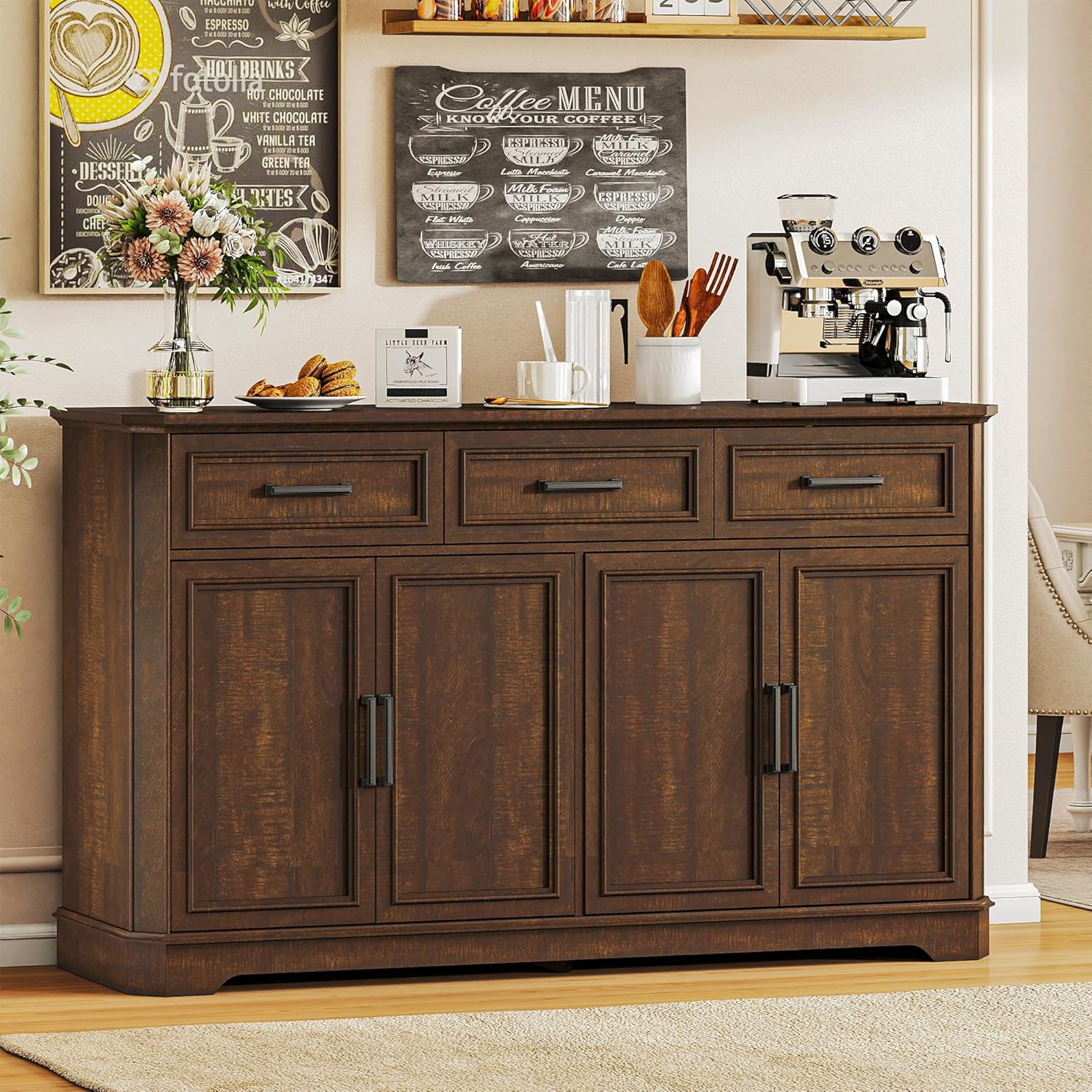 Farmhouse Buffet Sideboard with Storage, 64" Wood Credenza with 3 Drawers & 4 Doors, Dark Brown Cabinet for Dining Room, Entryway, Coffee Bar thumbnail