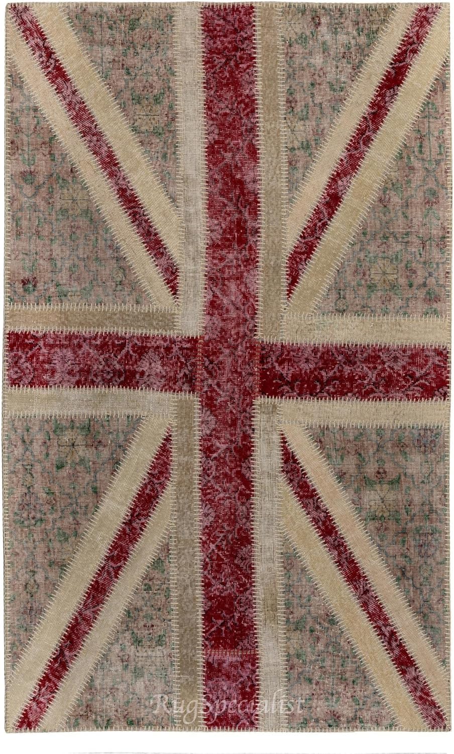 Modern Handmade Patchwork Rug with Union Jack British Flag Design, Wool and Cotton Turkish Carpet. Custom Colors & Sizes Available. C1566