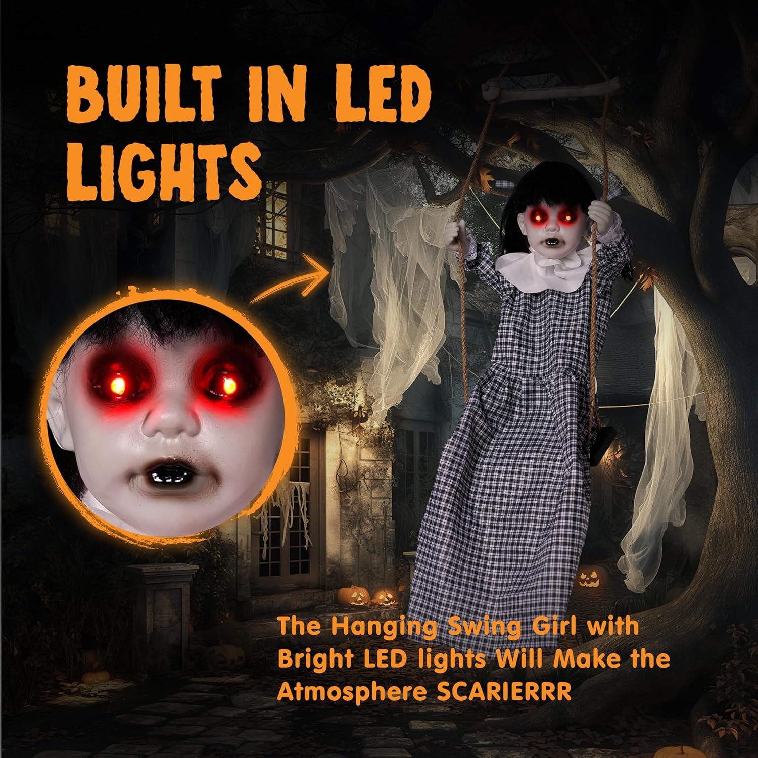 JOYIN Outdoor Halloween Hanging Scary Swing Girl Decorations, Outdoor Swinging Doll with Creepy Sound and Light Up Eyes Sound, Animated Hanging Decors Activated for Garden Yard Lawn