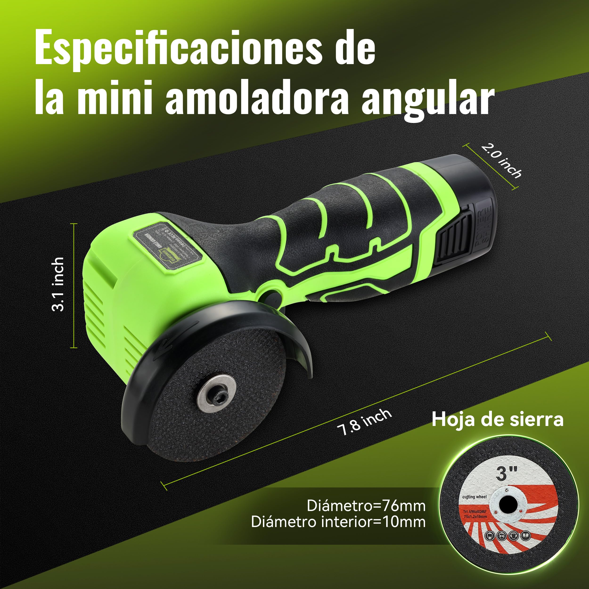 DEWINNER Amoladora Angular Inalámbrica 19.500 RPM - Radial de 76 mm, 2 baterías 2000 mAh, 6 discos de corte y caja de transporte - para amolado, pulido, corte