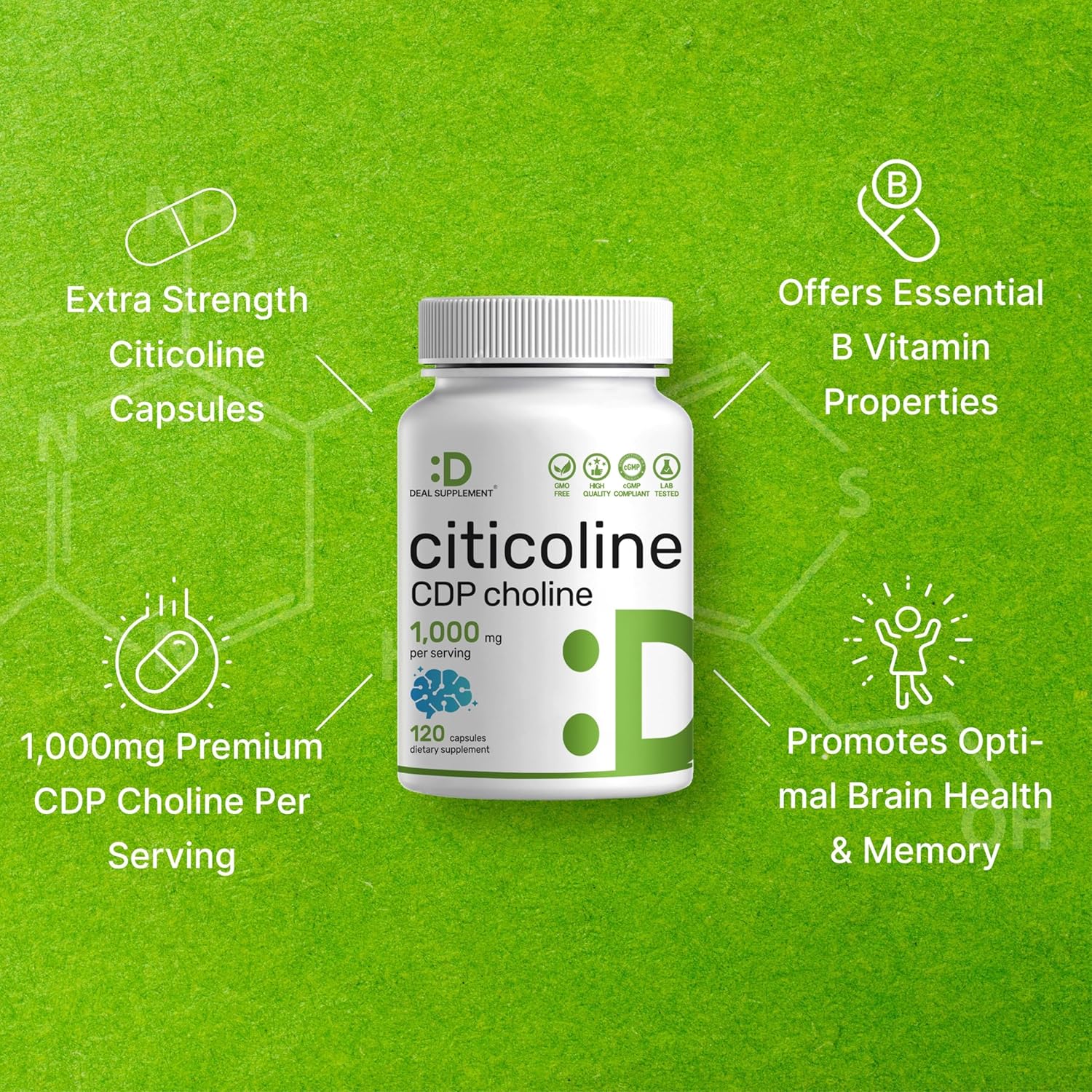 Citicoline CDP Choline, 1,000mg Per Serving, 120 Capsules – Extra Strength Choline Supplements – Nootropic B Vitamin Properties – Promotes Brain Health, Memory, & Focus – Non-GMO - Image 4
