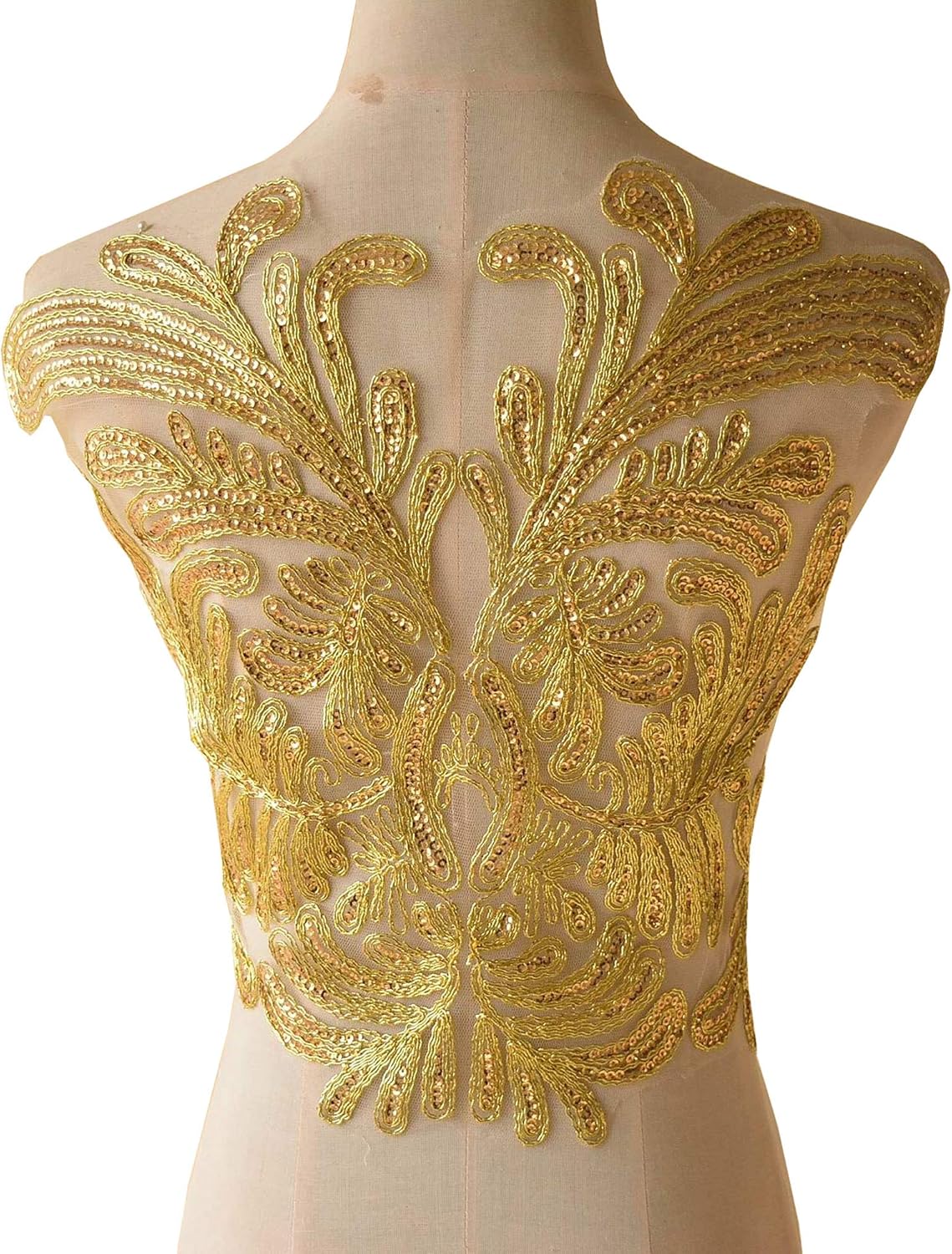 Massy Corded Embroidery Floral Applique with Sequined Details Sewing Craft for Bodice,Lingerie Champagne Gold Color