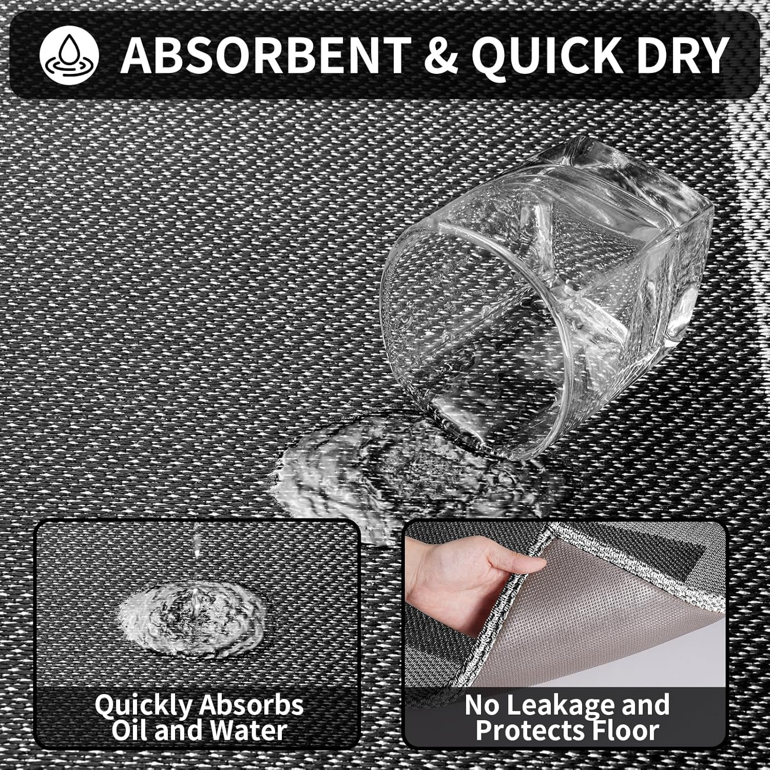 Kitchen Mats for Floor, Super Absorbent Kitchen Rugs Non Slip Washable, Soft Braided Kitchen Runner Rug, Standing Mat Kitchen Sink Mat, Easy to Clean, Black 17x59