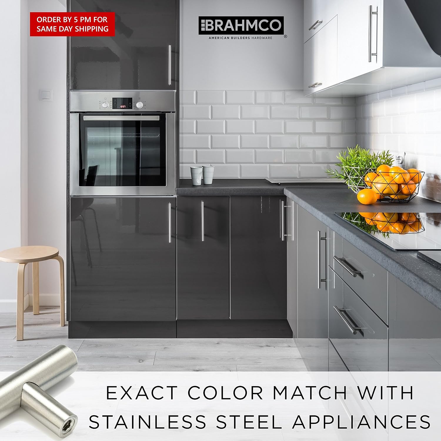 Brahmco 30 Pack | 5" Stainless Steel T Bar Cabinet Pulls: 3 Inch Hole Center 170-5 Modern Euro Style Brushed Satin Nickel Finish Kitchen Cabinet Handles Hardware/Drawer