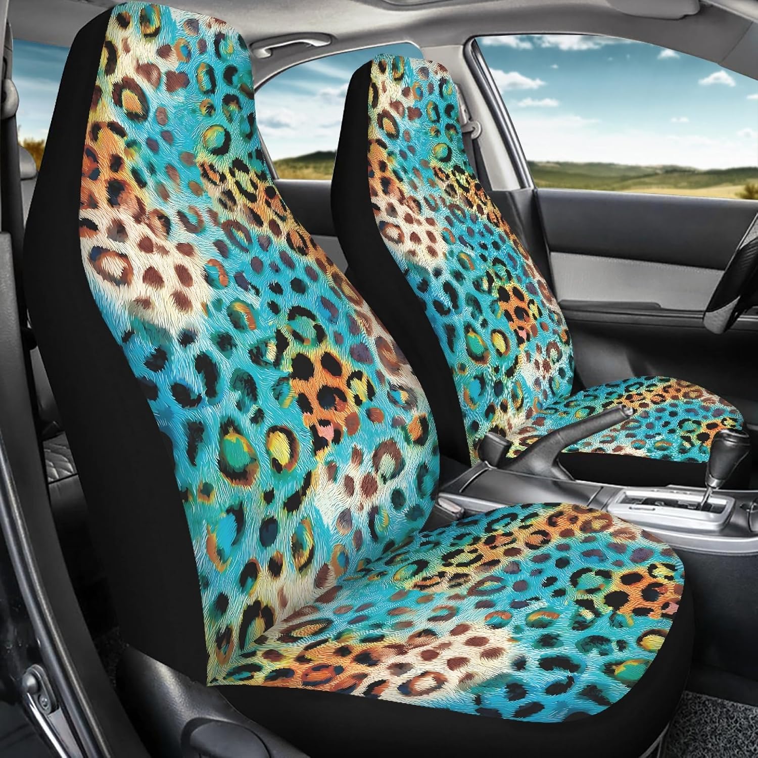 Amzbeauty Car Seat Cover Teal Orange Leopard Print Front Seats Protector for Cars Universal Auto Accessories Fit Trucks SUV Sedan