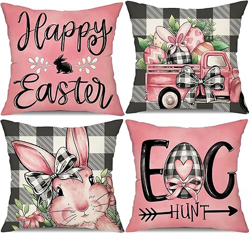 DFXSZ Fundas de almohada de Pascua de 18 x 18 pulgadas, juego de 4 huevos de Pascua, decoración de conejito para búfalo, fundas de almohada de