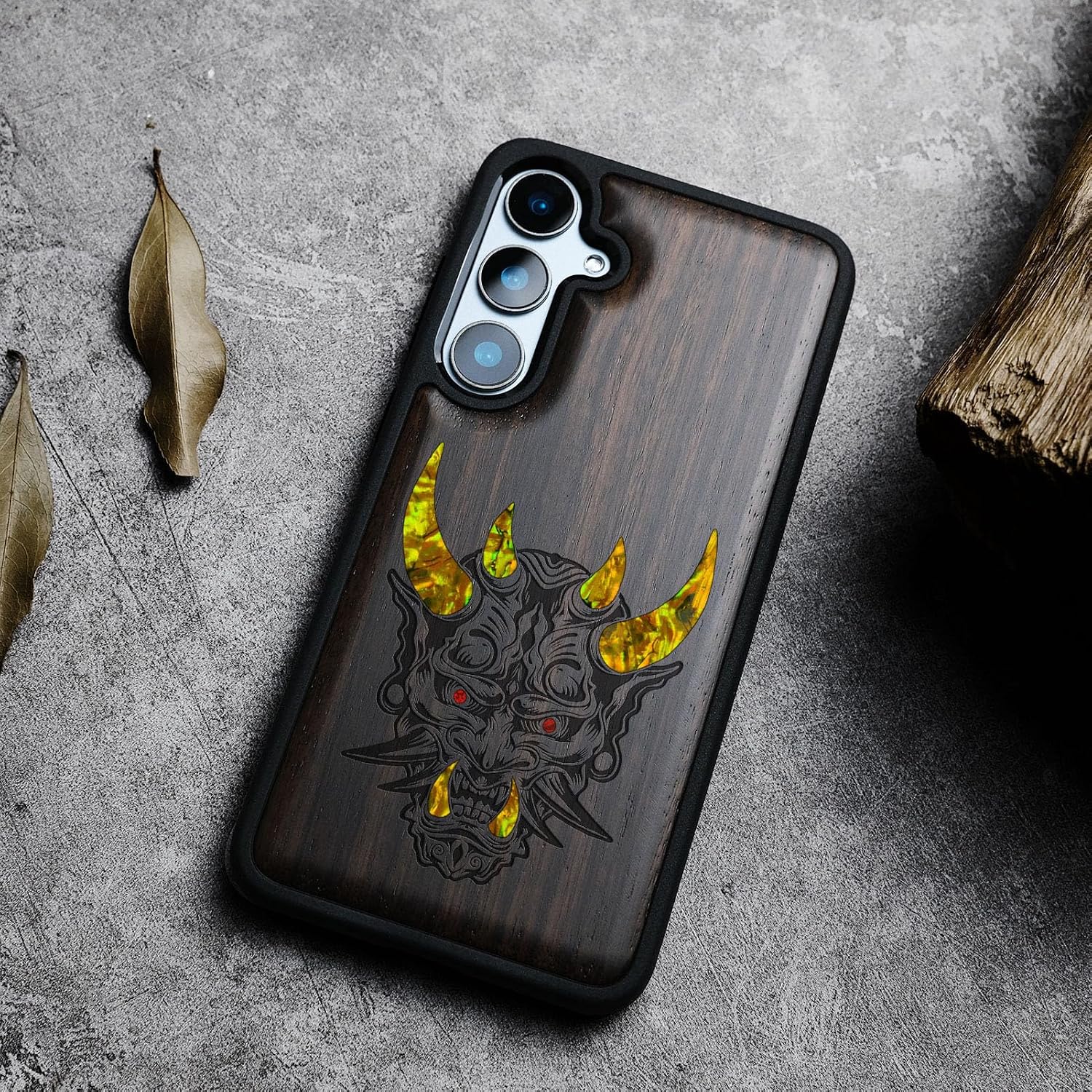 Carveit Designer Wooden Case for Samsung Galaxy S24 FE Case [Wood Engraving & Shell Inlay] Compatible with Wireless Chargers S24 FE Cover (Japanese Oni Mask-Blackwood)