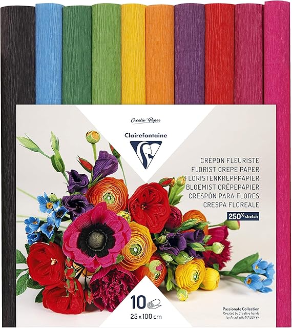 Clairefontaine - Ref 995001C - Florist Crepe Paper (Pack of 10) - 25cm Width x 100cm Length, Heavyweight, Malleable, High Elasticity - Assorted Bright Colours