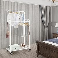 Vista 2 de Simple Trending Perchero de ropa de doble barra, resistente con ruedas para colgar ropa, con 4 ganchos, color blanco