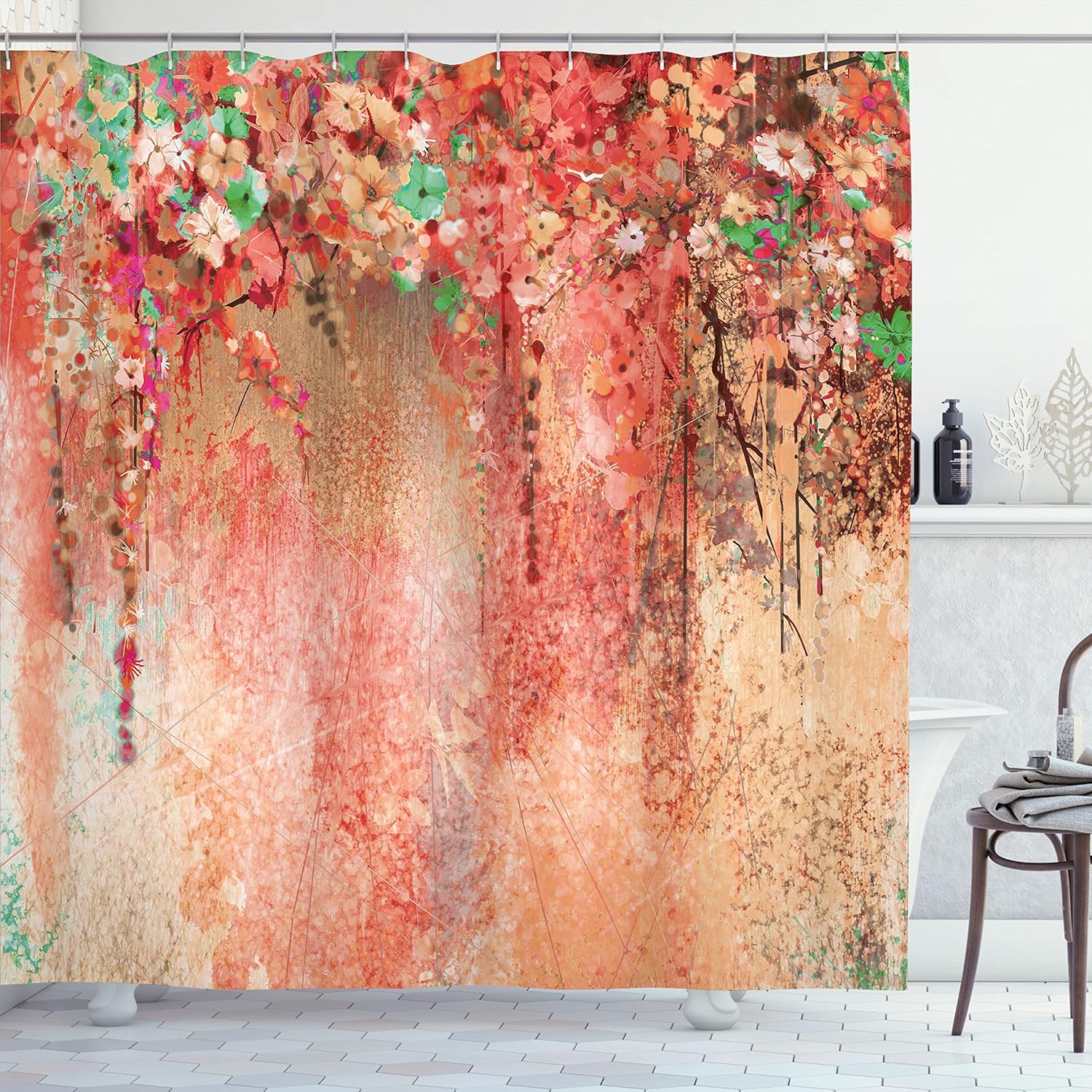 Ambesonne Flower Shower Curtain, Abstract Herbs Alternative Medicine Blossoms Ivy Back Florets Shrubs Design, Cloth Fabric Bathroom Decor Set with Hooks, 69" W x 70" L, Dark Peach