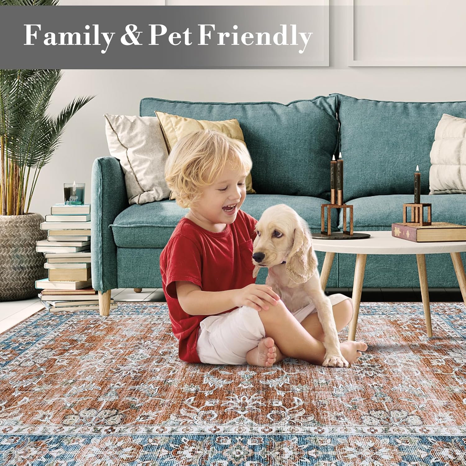 GarveeHome 9x12 Area Rug for Living Room 9 x 12 Washable Rugs Non Slip Vintage Living Room Rugs for Bedroom Dining Room, Distressed Floral Pattern Carpet, Apricot