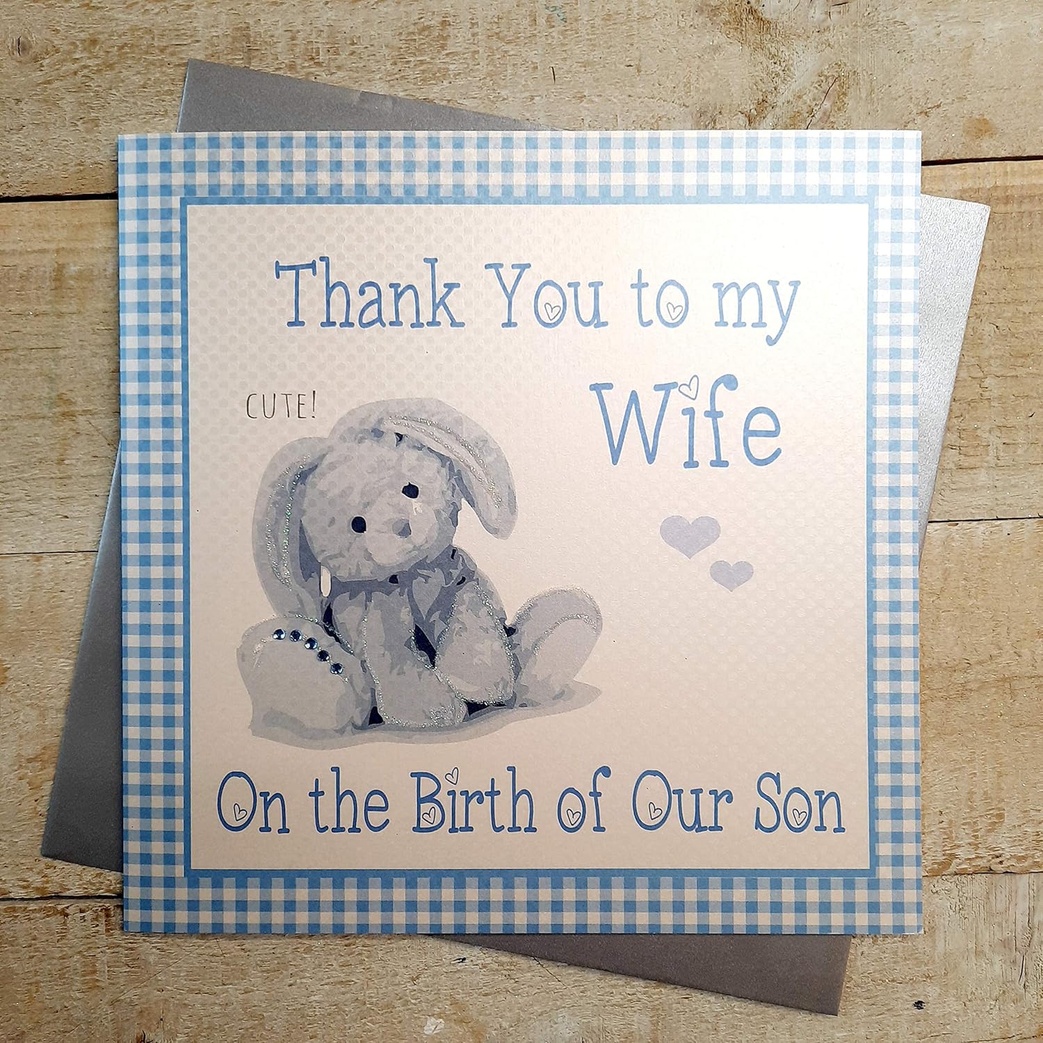 WHITE COTTON CARDS Thank You to My Wife On The Birth of Our Son, Handmade New Baby Card, Code XG69-W, Blue Gingham
