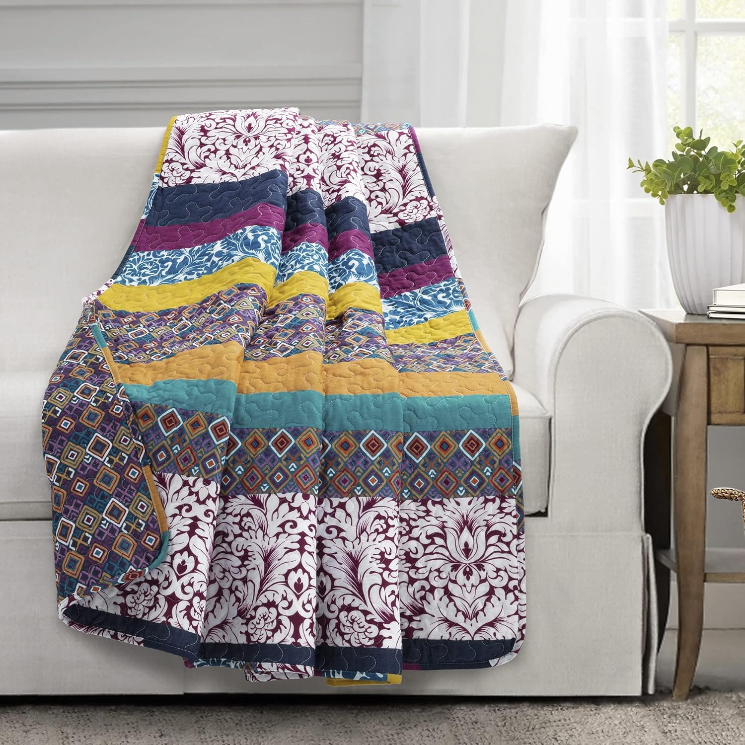 Lush Decor Boho Stripe Reversible Cotton Throw Blanket, 50" W x 60" L, Plum & Yellow - Striped Throw Blankets for Bed - Couch Blanket - Boho Throw Blanket for Couch