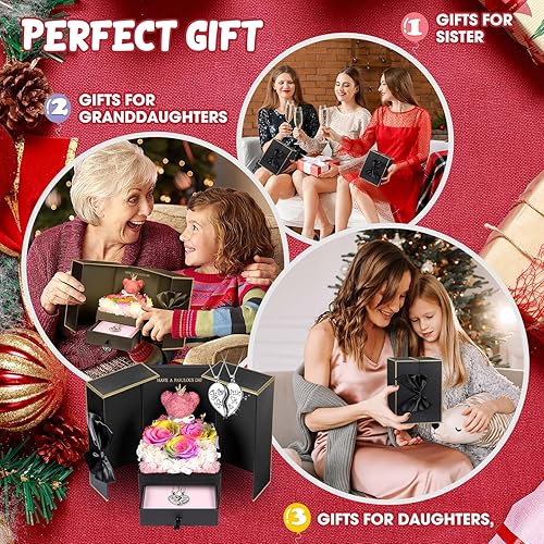 Miniatura 175 de ADDWel Rose Gifts for Women - Preserved Real Roses Forever Purple Flowers with I Love You in 100 Languages Necklace and Cute Moss Bear for