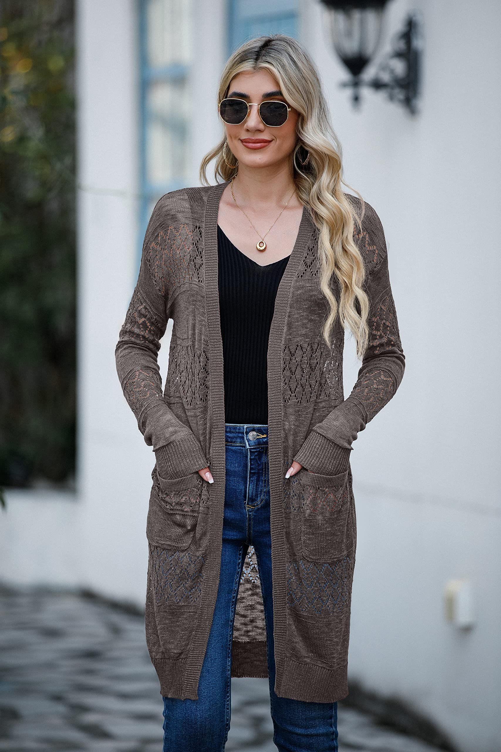 GRECERELLE Cardigan da donna leggero a maniche lunghe, casual, lavorato all'uncinetto, aperto sul davanti, con tasche
