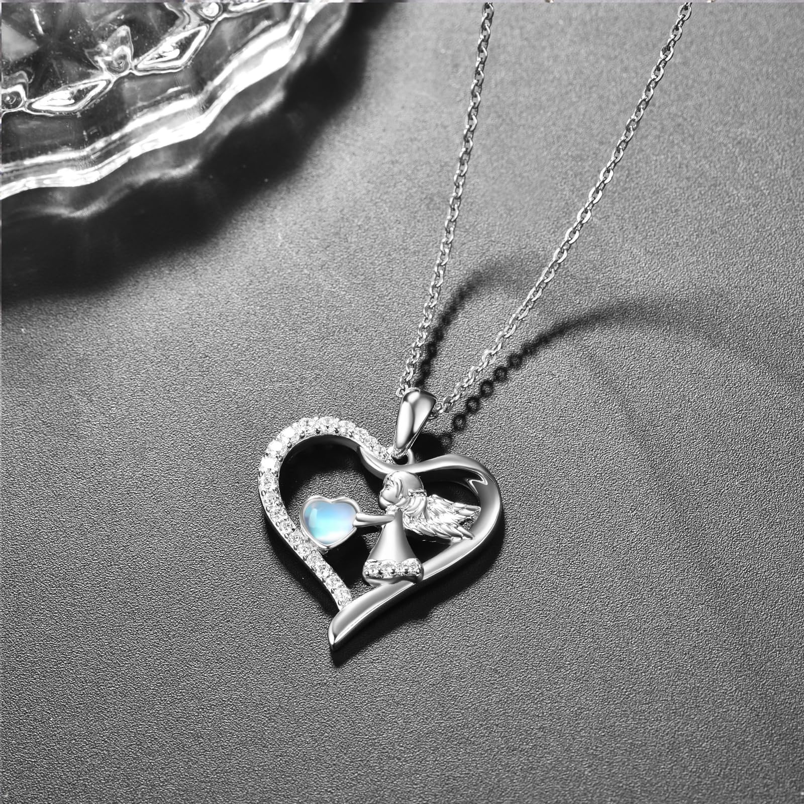 TANGPOET Schutzengel Kette 925 Sterling Silber Engelsflügel Halskette Herz Anhänger Schmuck Geschenke für Frauen Mädchen mit Geschenkbox