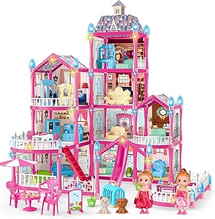 Doll House for Girls,10 Rooms House Toy with Dolls Figure, Puppies,Furnitures, Accessories, Kids Playhouse Gift for for 3 4 5 6 7 8 9 10 Year Old (Pink)